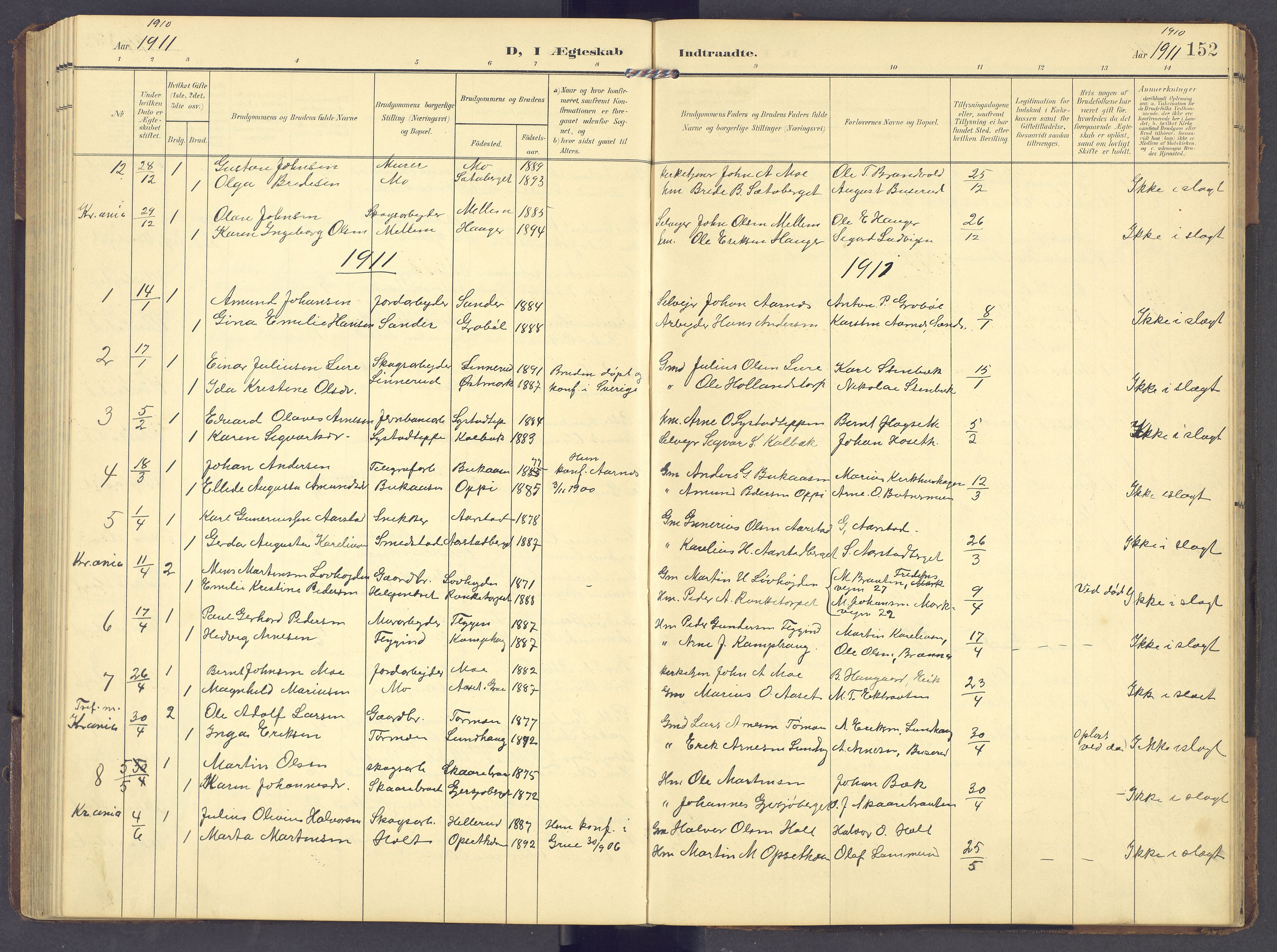 Brandval prestekontor, AV/SAH-PREST-034/H/Ha/Hab/L0003: Klokkerbok nr. 3, 1904-1917, s. 152