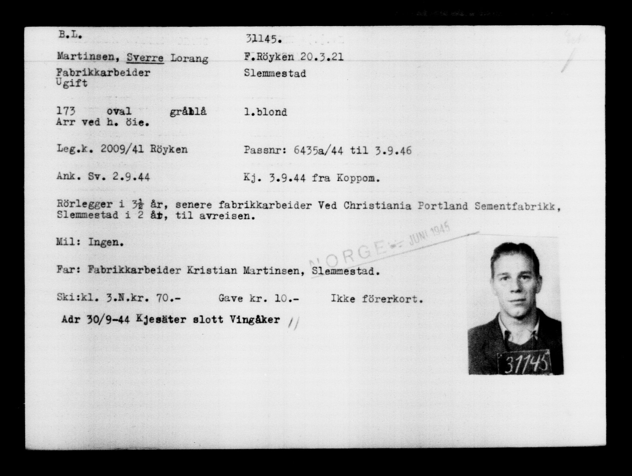 Utenriksstasjonene, Legasjonen i Stockholm, Flyktningkontoret, AV/RA-S-6753/V/Va/L0012: Kjesäterkartoteket, flyktninger med registreringsnr. 28300-31566, 1940-1945, s. 3083