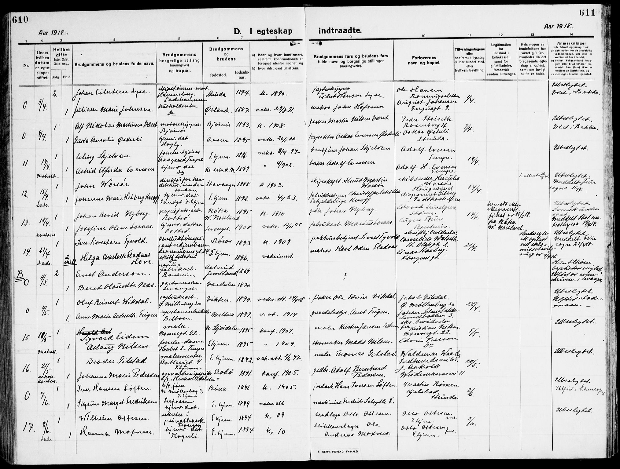 Ministerialprotokoller, klokkerbøker og fødselsregistre - Sør-Trøndelag, SAT/A-1456/607/L0321: Ministerialbok nr. 607A05, 1916-1935, s. 610-611