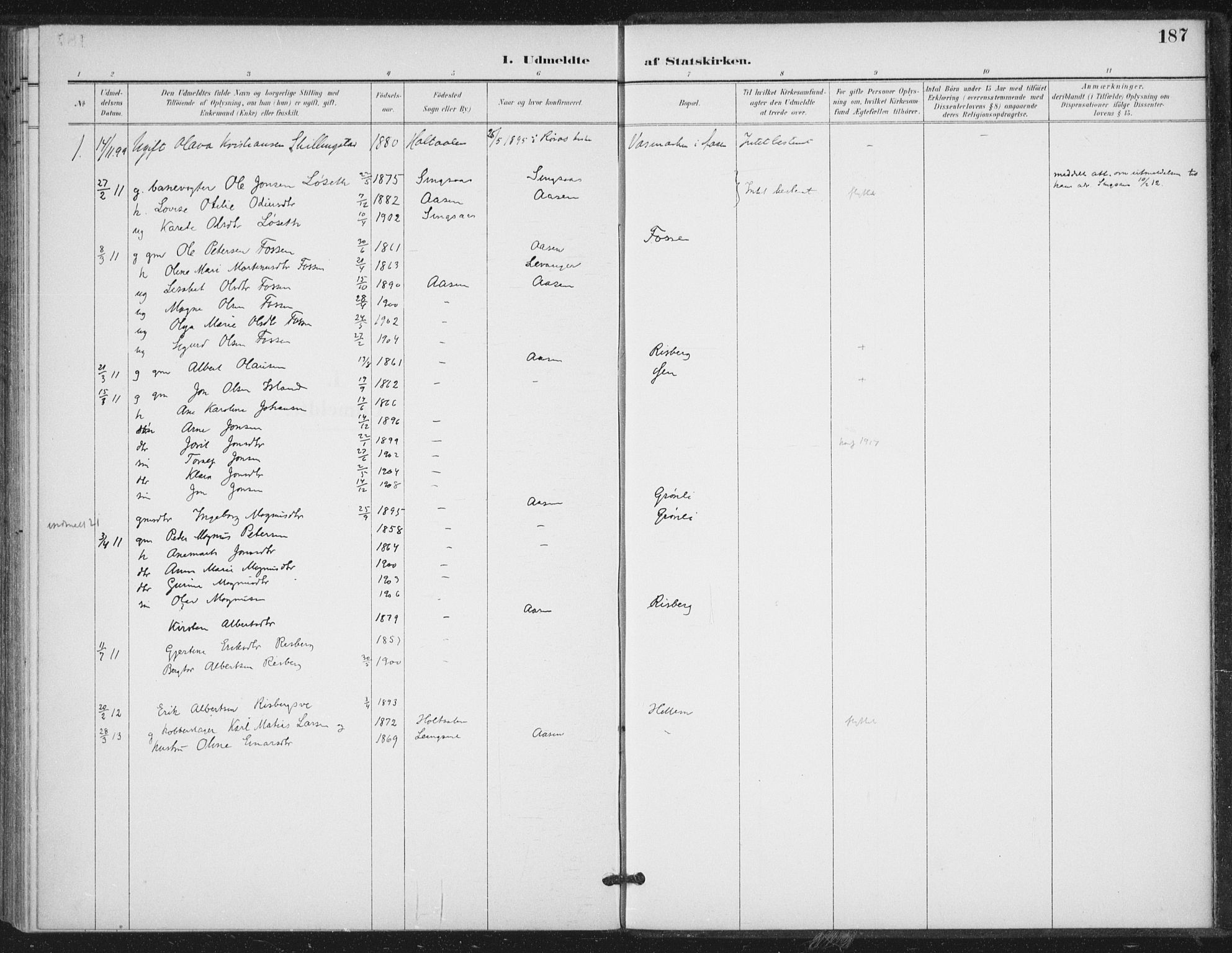 Ministerialprotokoller, klokkerbøker og fødselsregistre - Nord-Trøndelag, AV/SAT-A-1458/714/L0131: Ministerialbok nr. 714A02, 1896-1918, s. 187