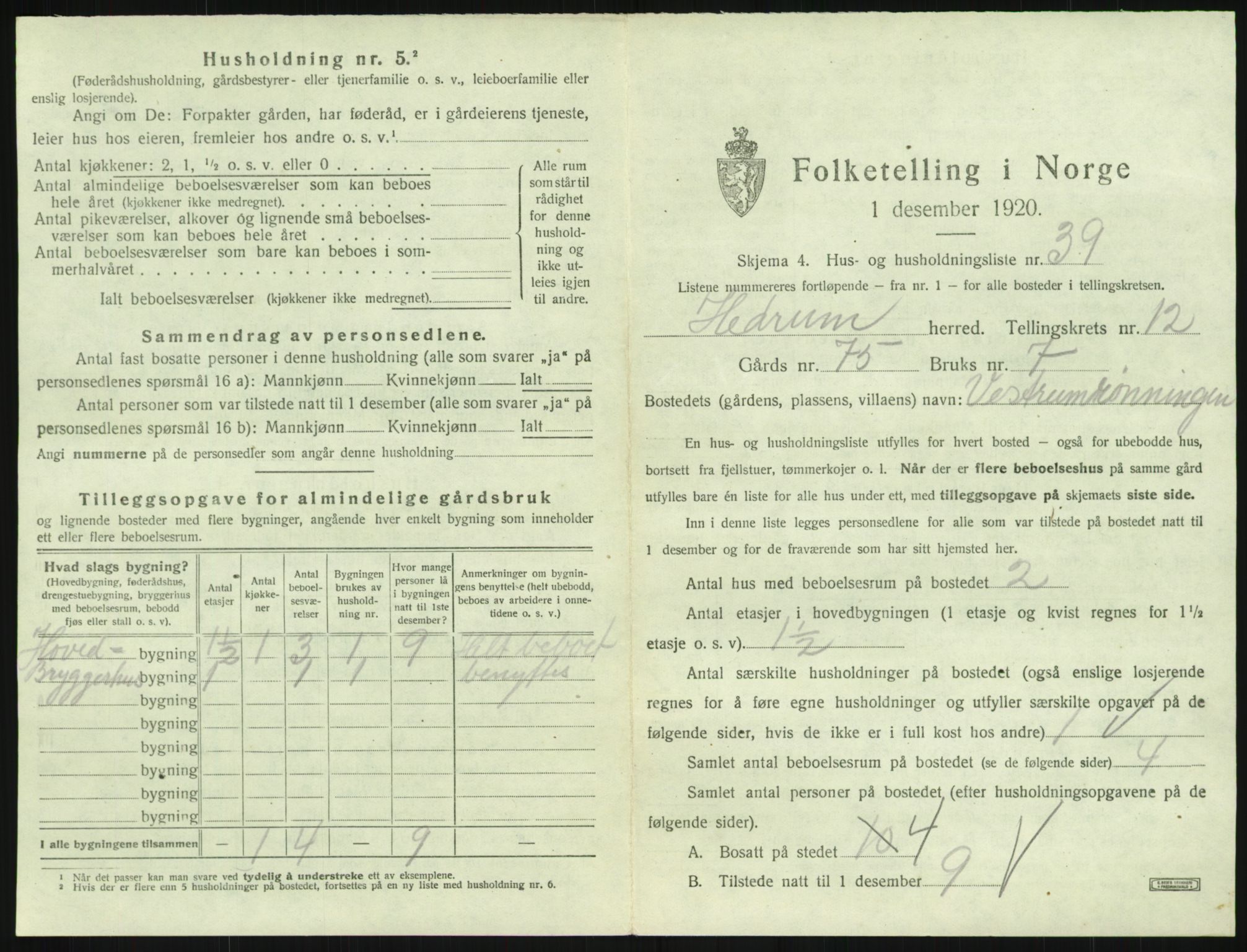 SAKO, Folketelling 1920 for 0727 Hedrum herred, 1920, s. 1155