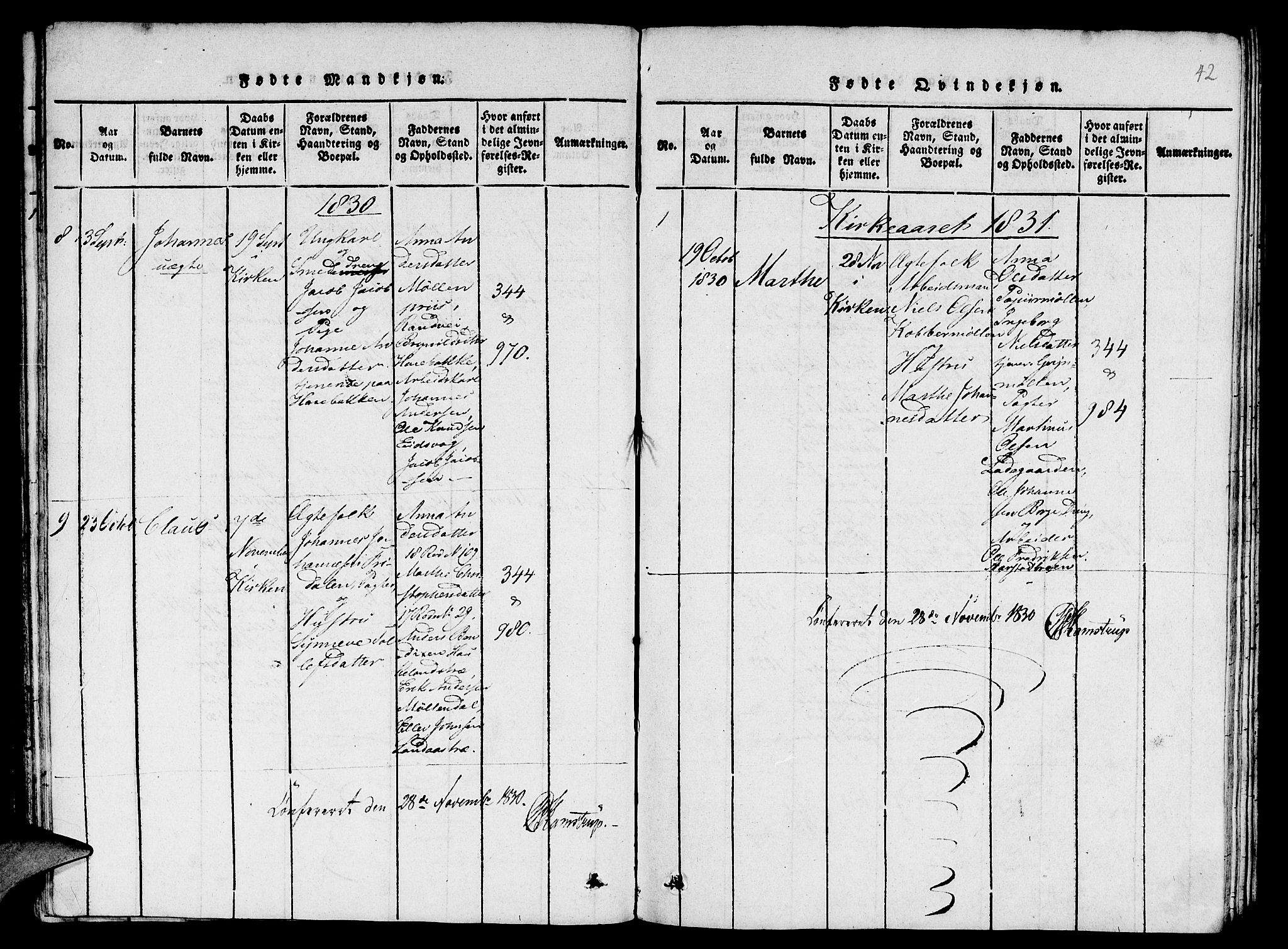 St. Jørgens hospital og Årstad sokneprestembete, AV/SAB-A-99934: Klokkerbok nr. A 1, 1816-1843, s. 42