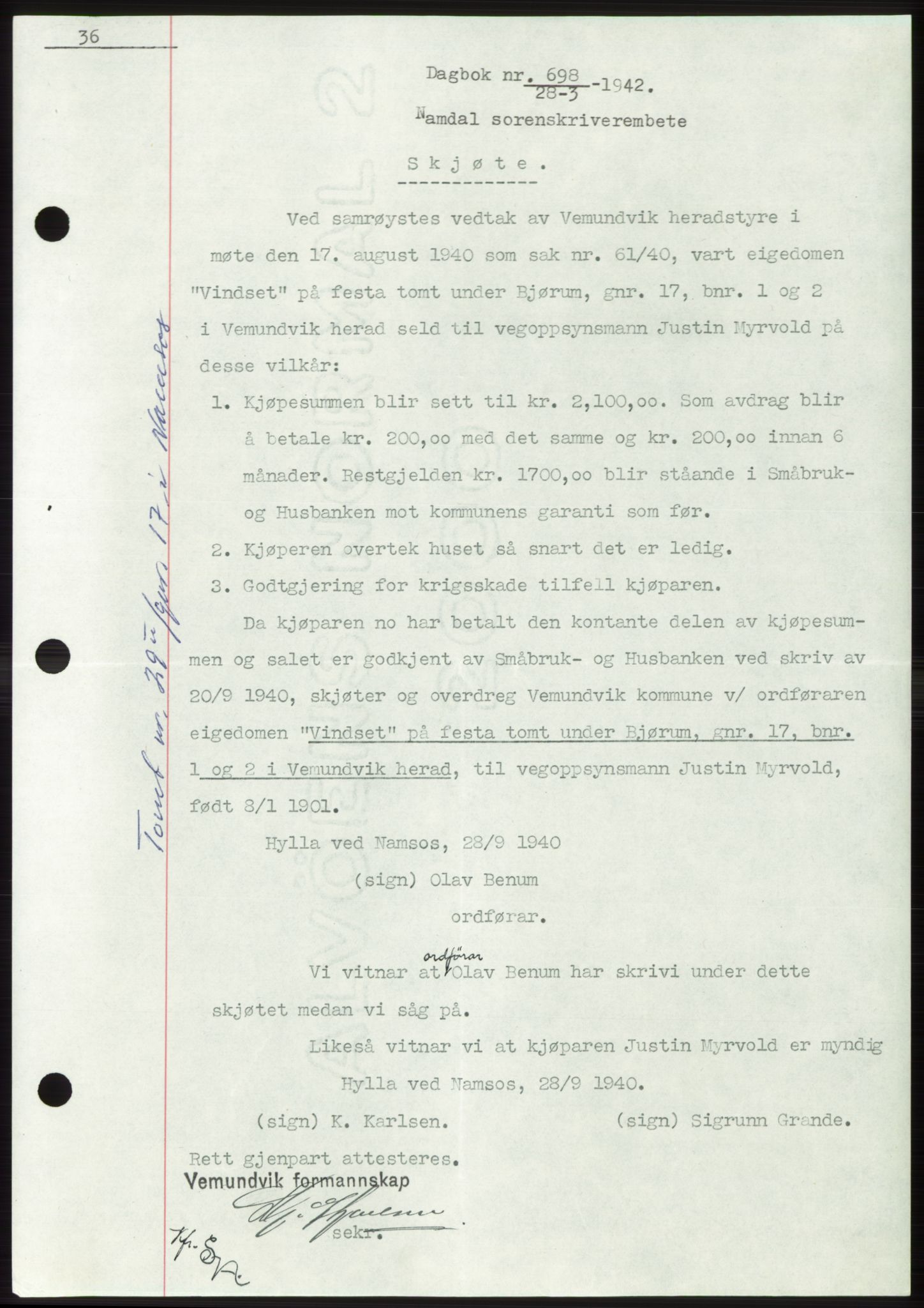 Namdal sorenskriveri, SAT/A-4133/1/2/2C: Pantebok nr. -, 1941-1942, Dagboknr: 698/1942