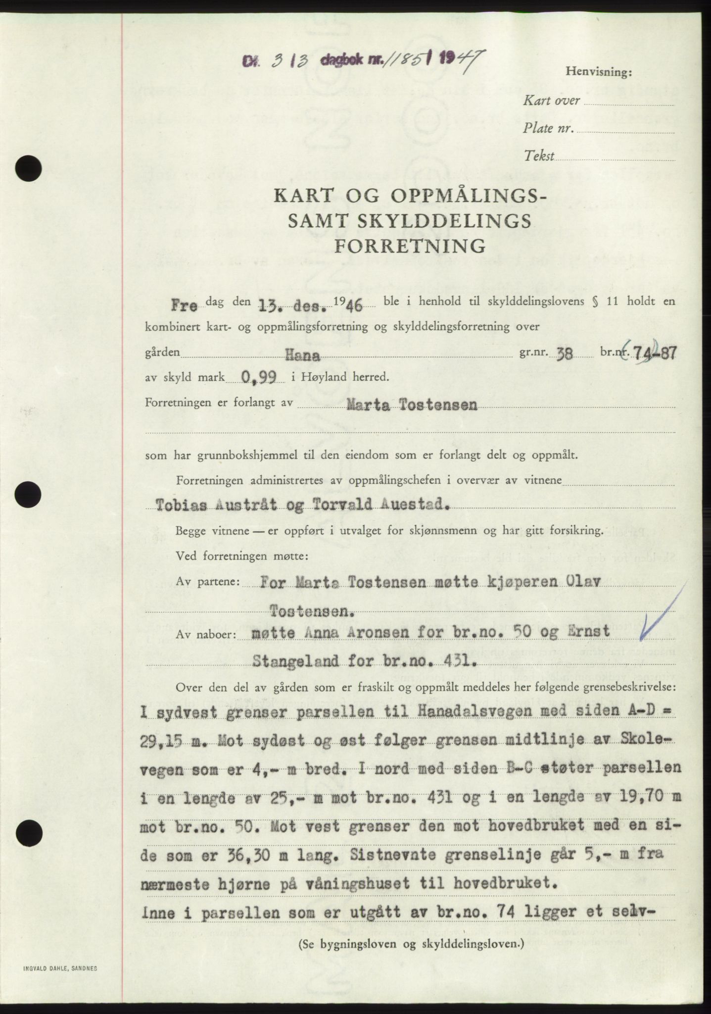Jæren sorenskriveri, SAST/A-100310/03/G/Gba/L0094: Pantebok, 1947-1947, Dagboknr: 1185/1947