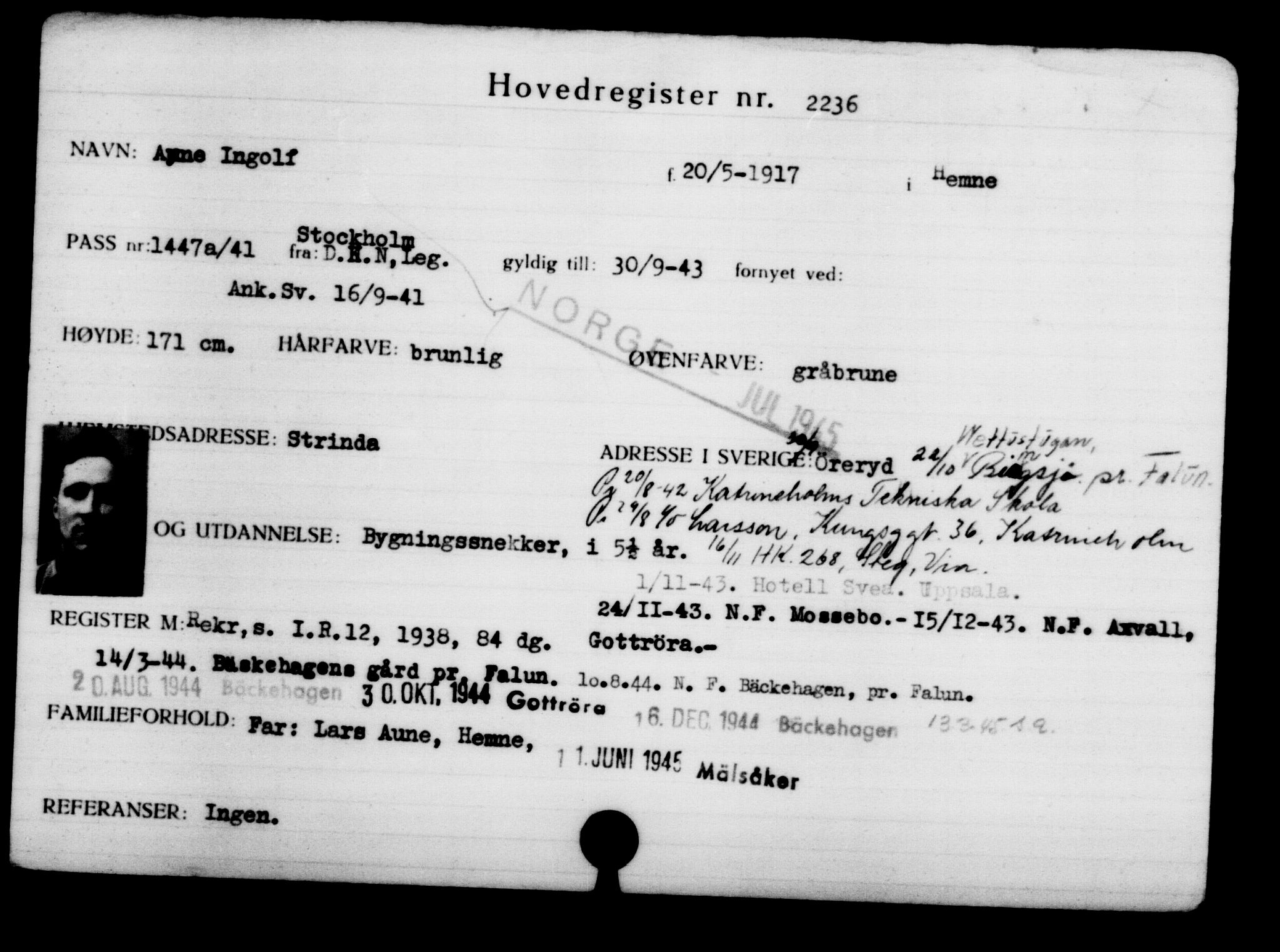 Utenriksstasjonene, Legasjonen i Stockholm, Flyktningkontoret, AV/RA-S-6753/V/Va/L0003: Kjesäterkartoteket, flyktninger med registreringsnr. 2001-3495, 1940-1945, s. 328