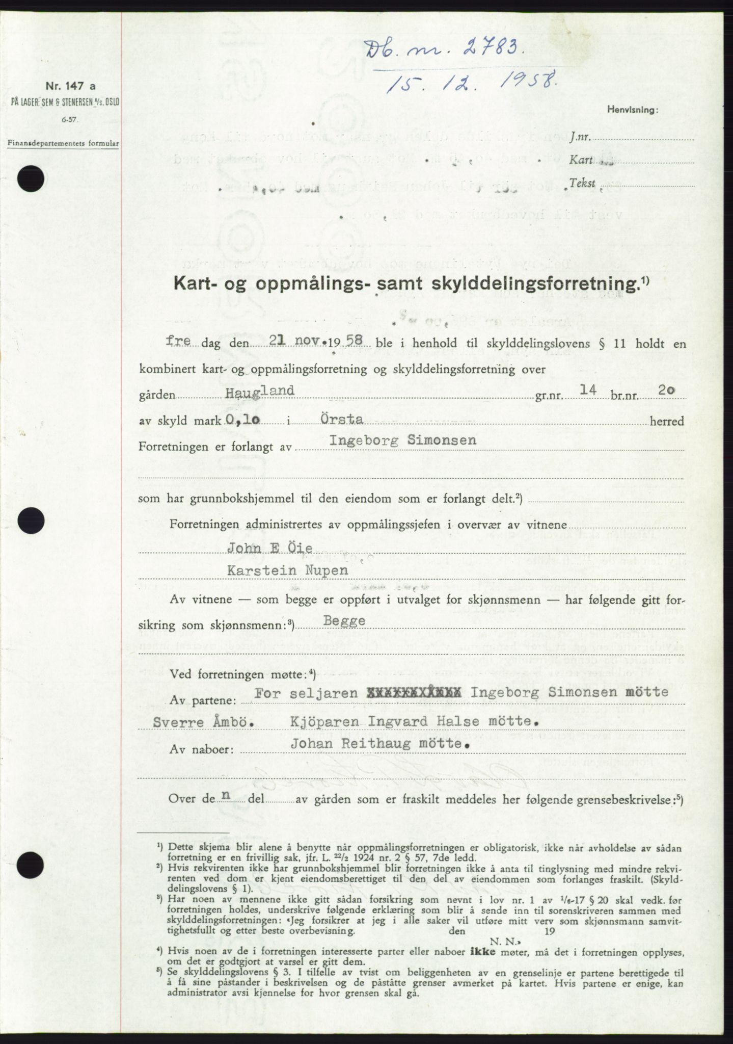 Søre Sunnmøre sorenskriveri, SAT/A-4122/1/2/2C/L0111: Pantebok nr. 37A, 1958-1959, Dagboknr: 2783/1958