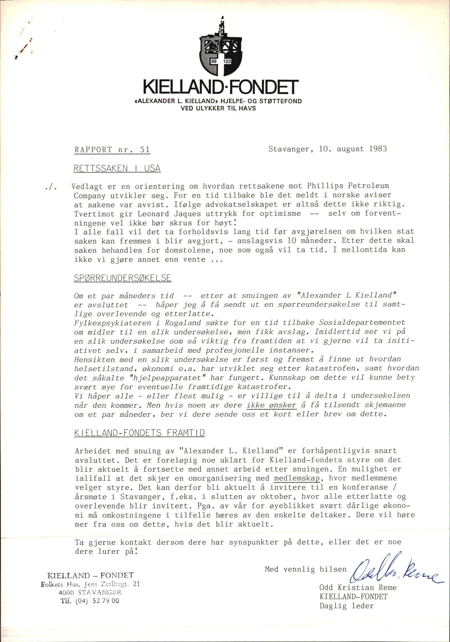 Pa 1660 - Kielland- fondet, AV/SAST-A-102242/X/Xa/L0001: Rapport til overlevende og etterlatte/ Kielland Bulletin, 1980-1998