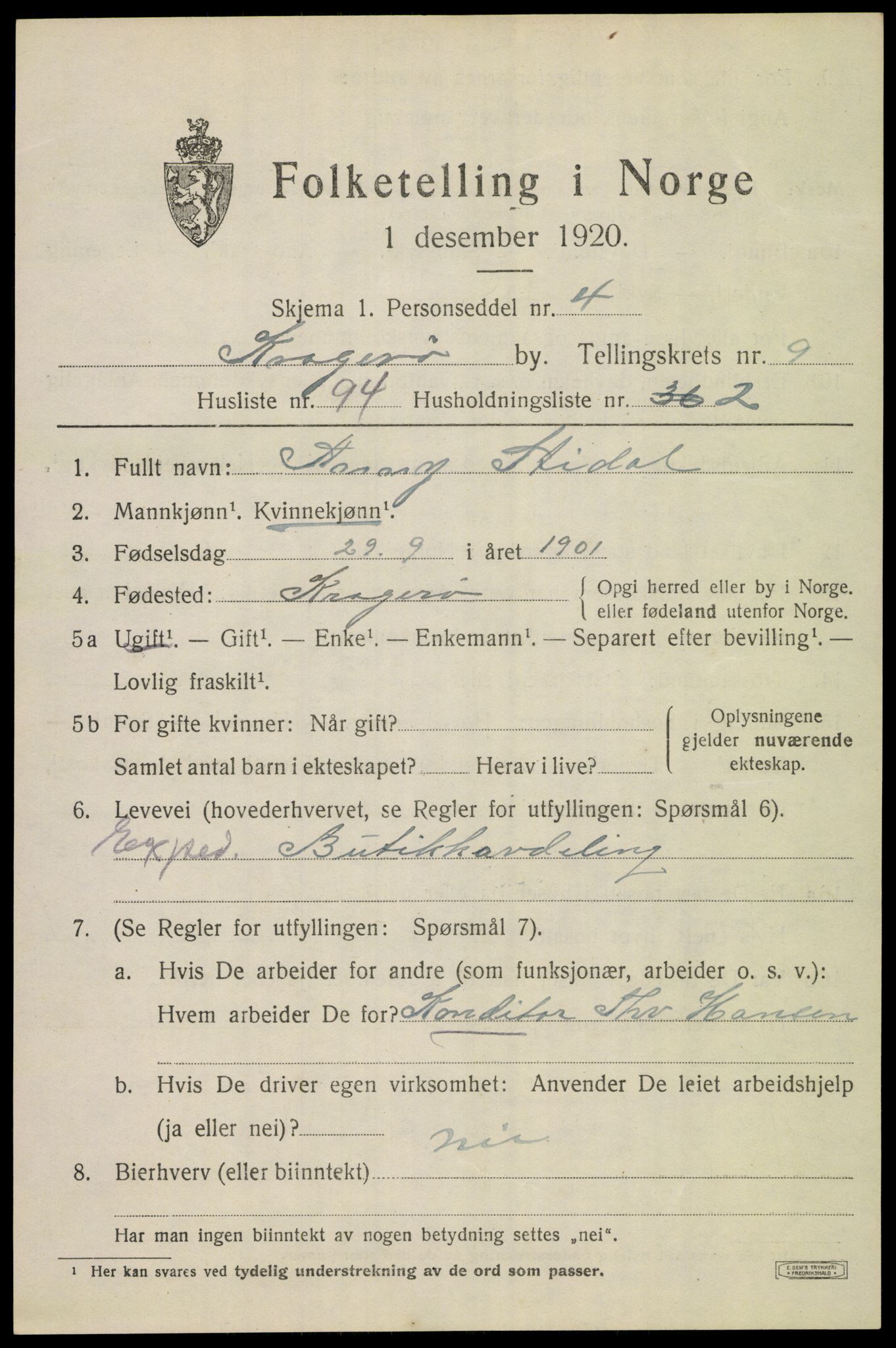 SAKO, Folketelling 1920 for 0801 Kragerø kjøpstad, 1920, s. 12977