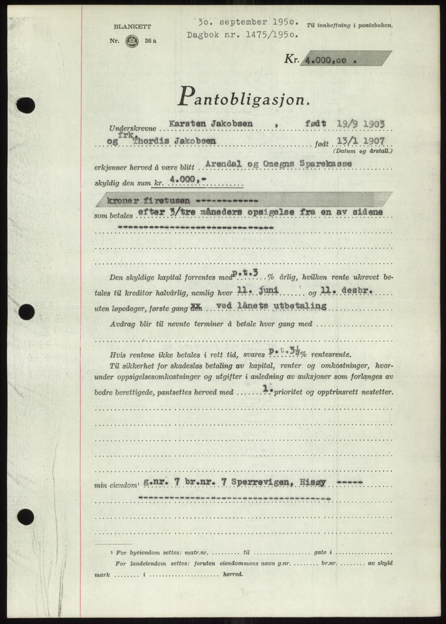Nedenes sorenskriveri, SAK/1221-0006/G/Gb/Gbb/L0008: Pantebok nr. B8, 1950-1950, Dagboknr: 1475/1950