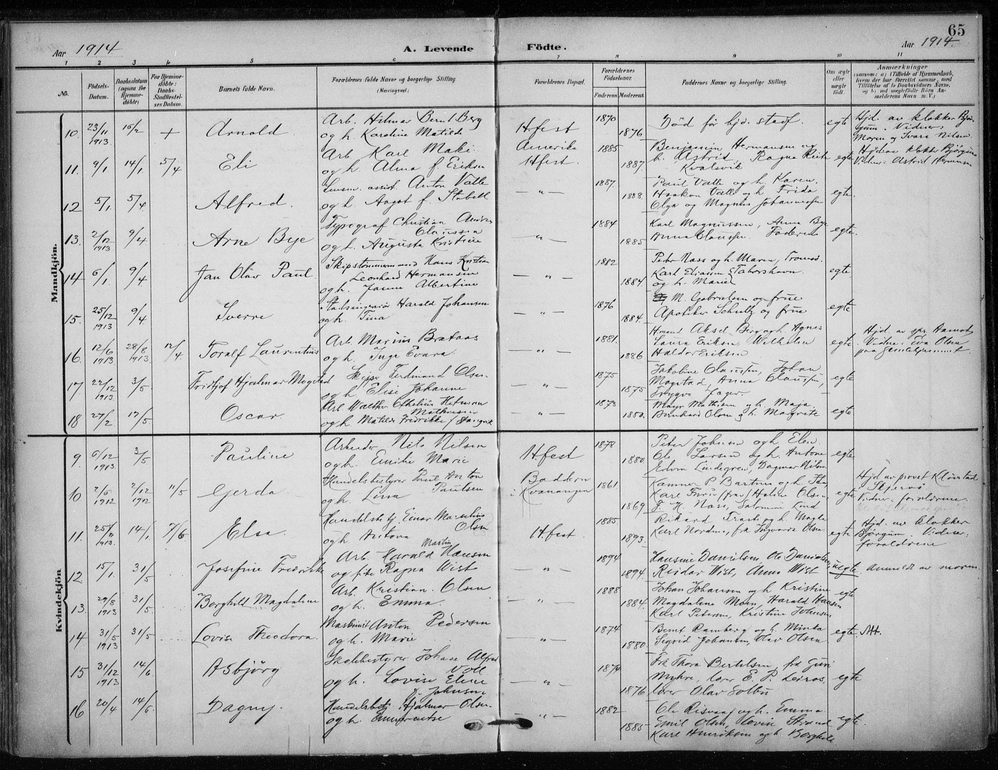 Hammerfest sokneprestkontor, AV/SATØ-S-1347/H/Ha/L0014.kirke: Ministerialbok nr. 14, 1906-1916, s. 65