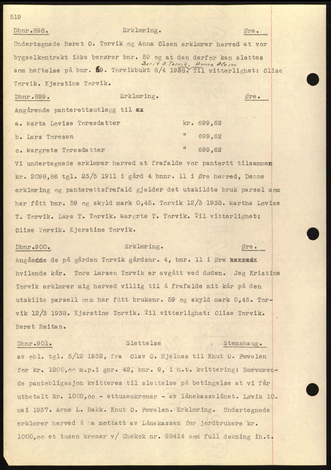 Nordmøre sorenskriveri, SAT/A-4132/1/2/2Ca: Pantebok nr. C80, 1936-1939, Dagboknr: 898/1938