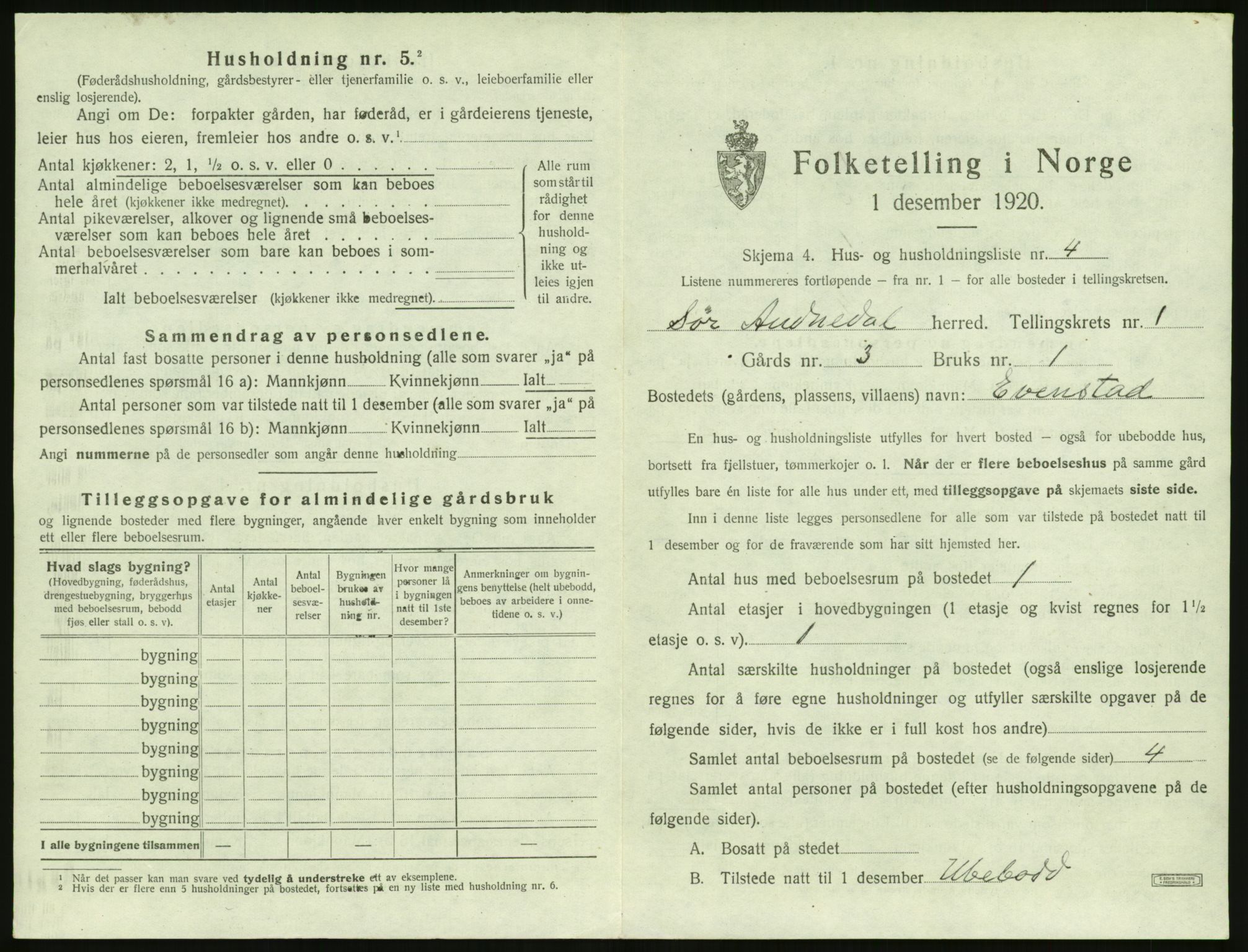 SAK, Folketelling 1920 for 1029 Sør-Audnedal herred, 1920, s. 95