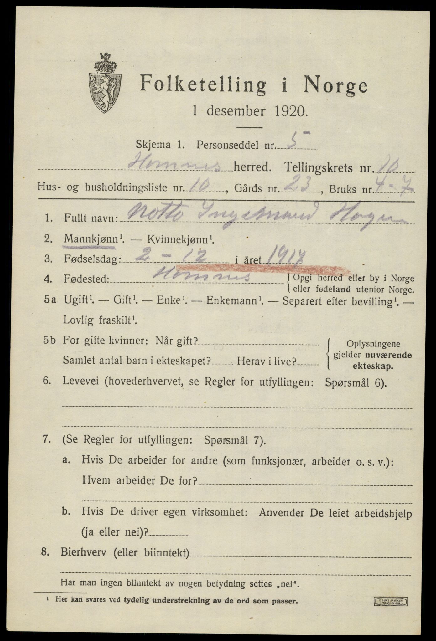 SAK, Folketelling 1920 for 0936 Hornnes herred, 1920, s. 2609