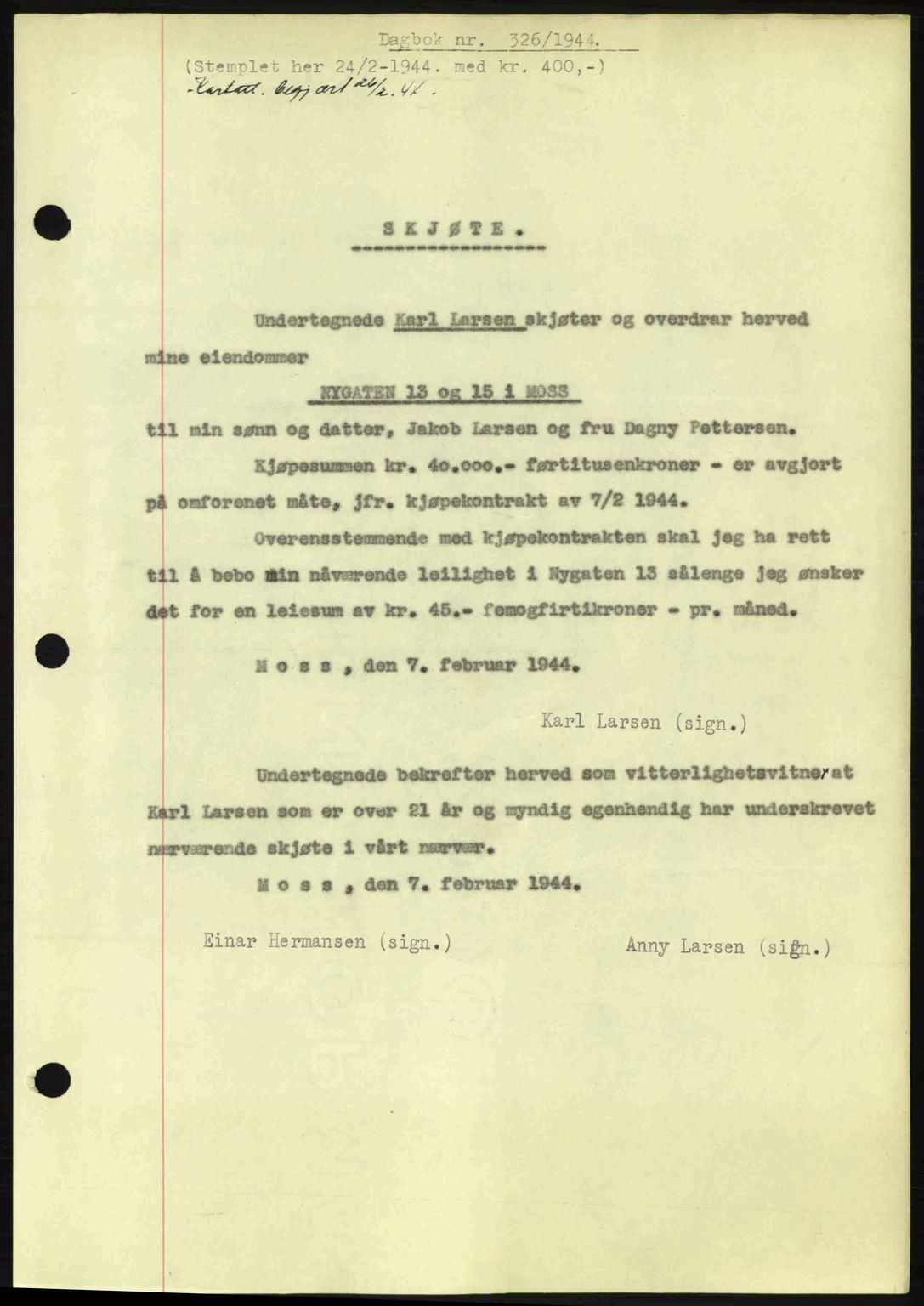 Moss sorenskriveri, SAO/A-10168: Pantebok nr. A12, 1943-1944, Dagboknr: 326/1944