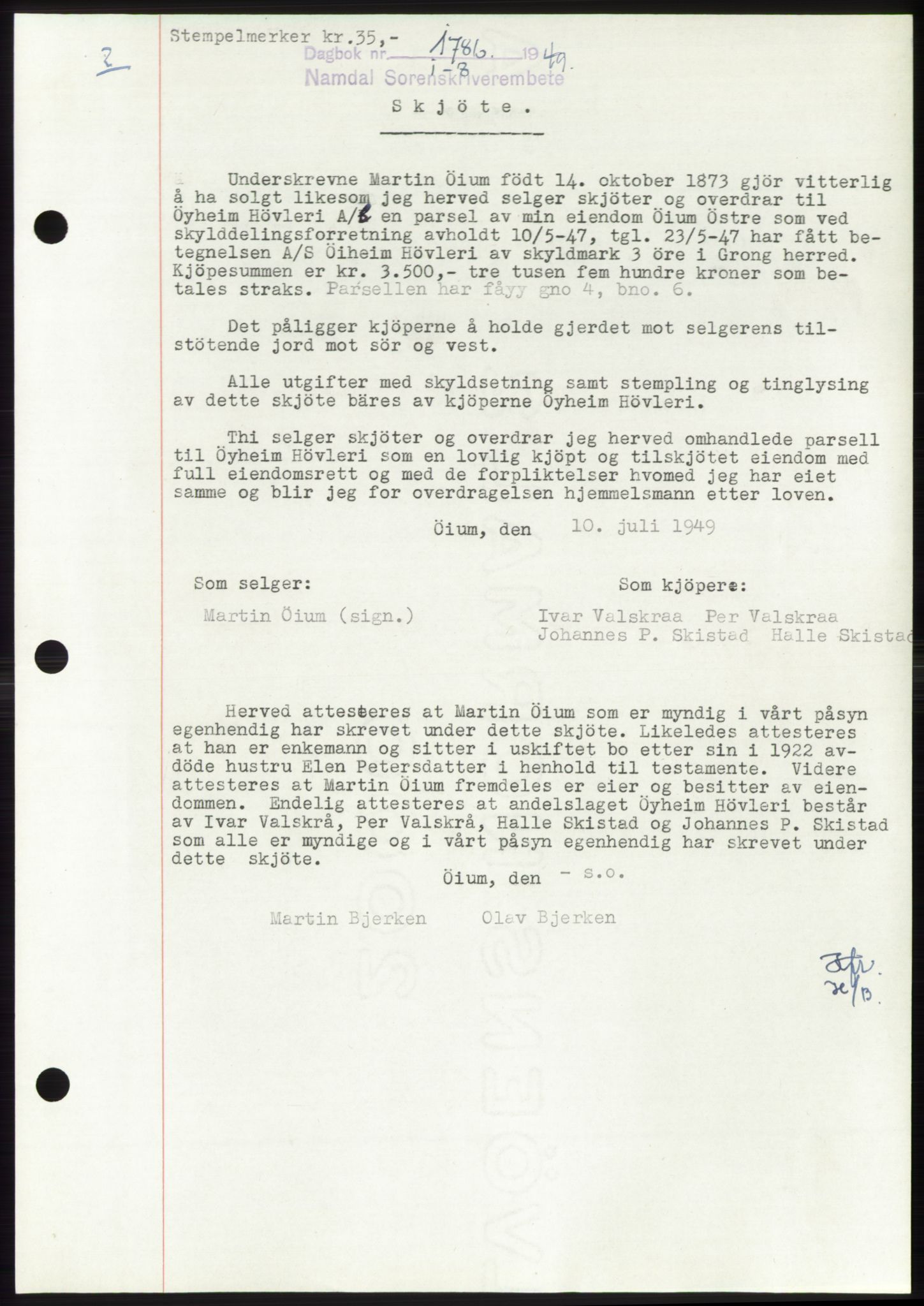 Namdal sorenskriveri, SAT/A-4133/1/2/2C: Pantebok nr. -, 1949-1949, Dagboknr: 1786/1949