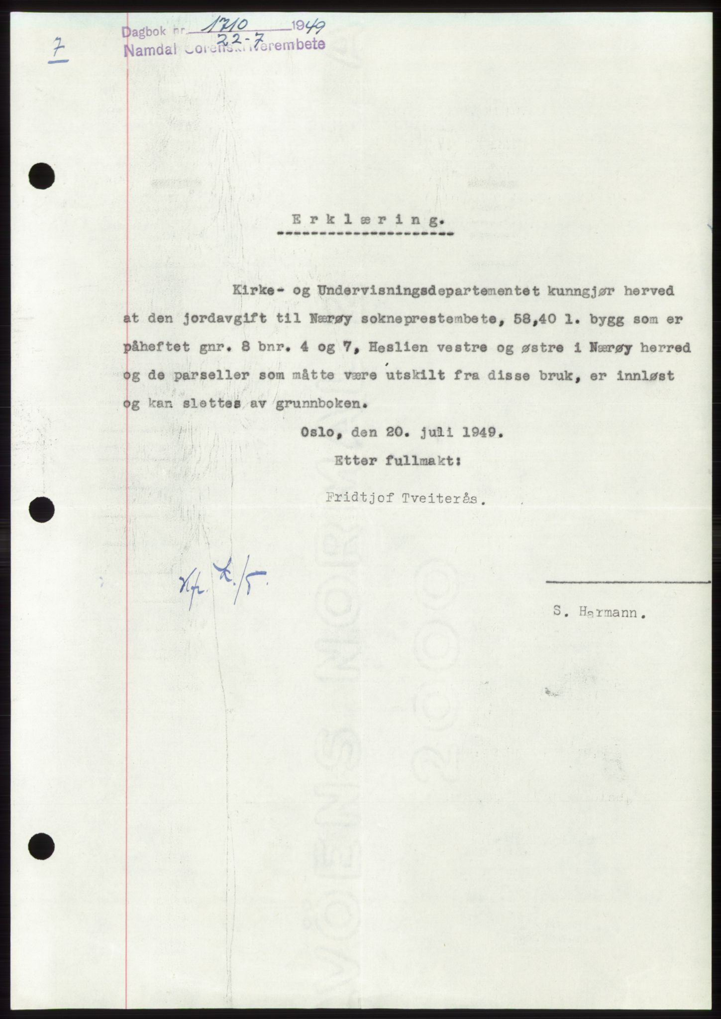 Namdal sorenskriveri, SAT/A-4133/1/2/2C: Pantebok nr. -, 1949-1949, Dagboknr: 1710/1949