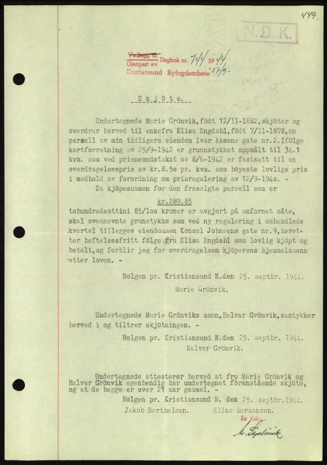 Kristiansund byfogd, AV/SAT-A-4587/A/27: Pantebok nr. 34, 1941-1945, Dagboknr: 744/1944