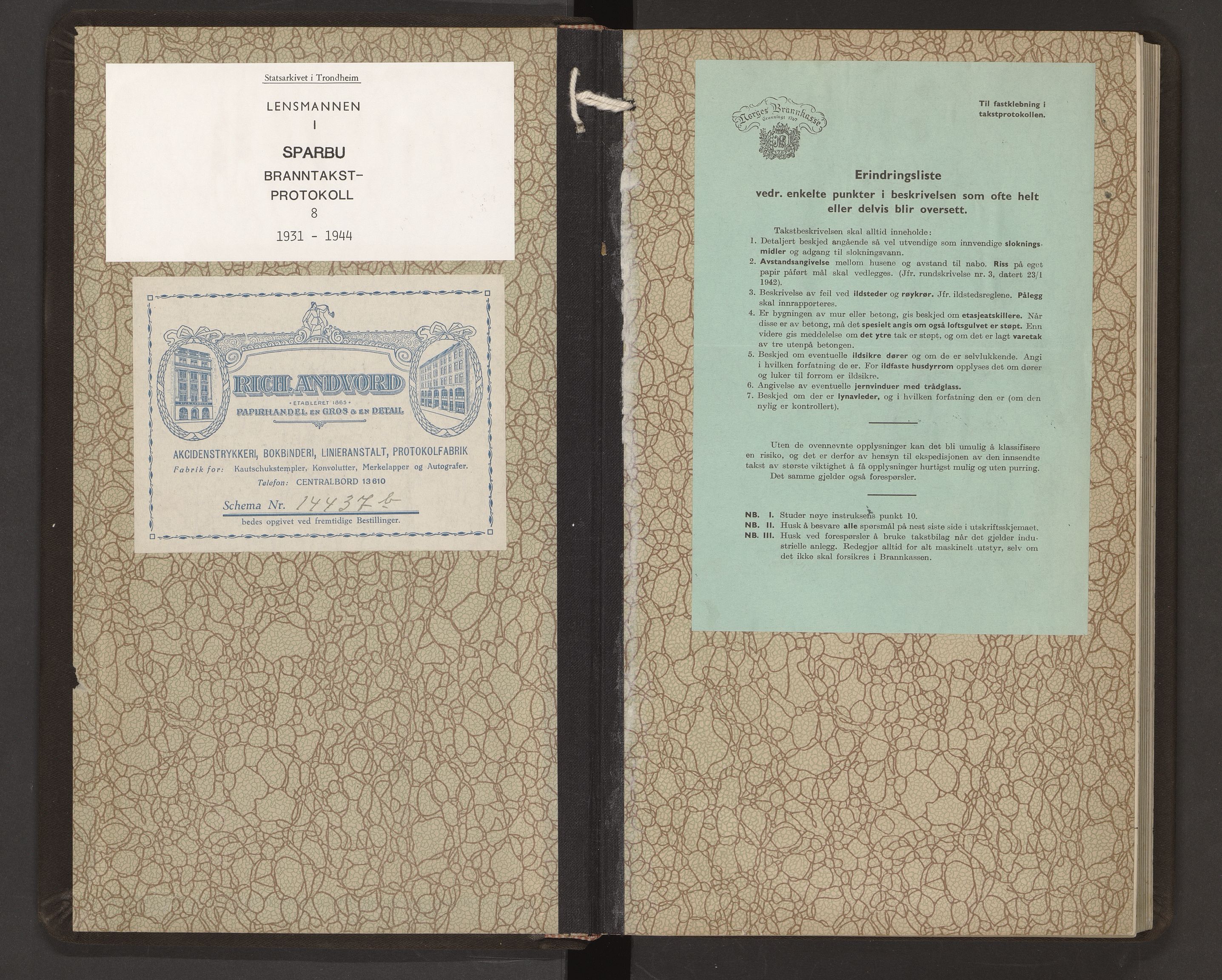 Norges Brannkasse Sparbu, SAT/A-5550/Fa/L0008: Branntakstprotokoll, 1931-1944