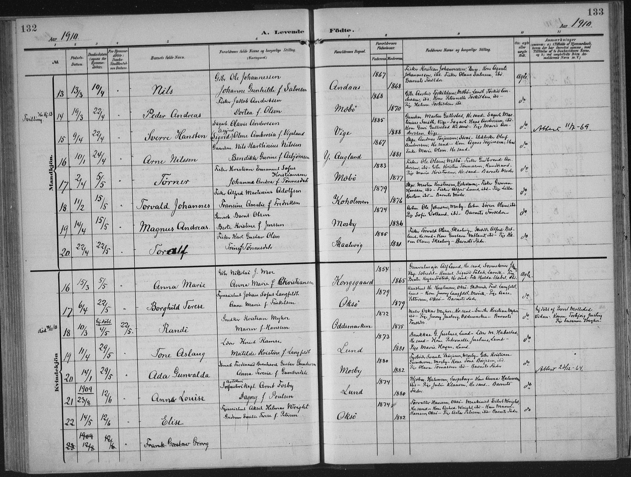 Oddernes sokneprestkontor, AV/SAK-1111-0033/F/Fa/Faa/L0011: Ministerialbok nr. A 11, 1904-1911, s. 132-133