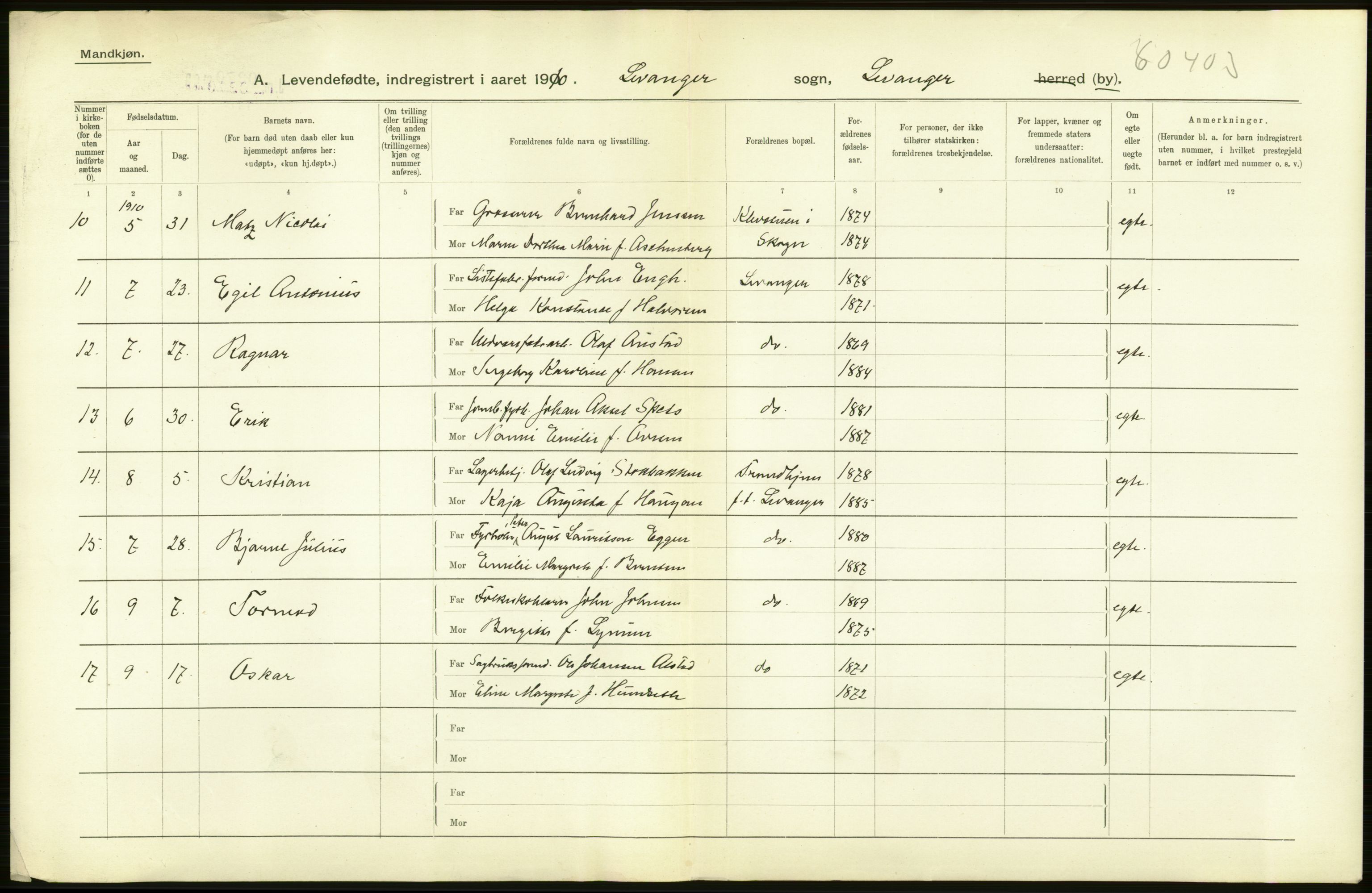 Statistisk sentralbyrå, Sosiodemografiske emner, Befolkning, AV/RA-S-2228/D/Df/Dfa/Dfah/L0038: N. Trondhjem amt: Levendefødte menn og kvinner. Bygder og byer., 1910, s. 500