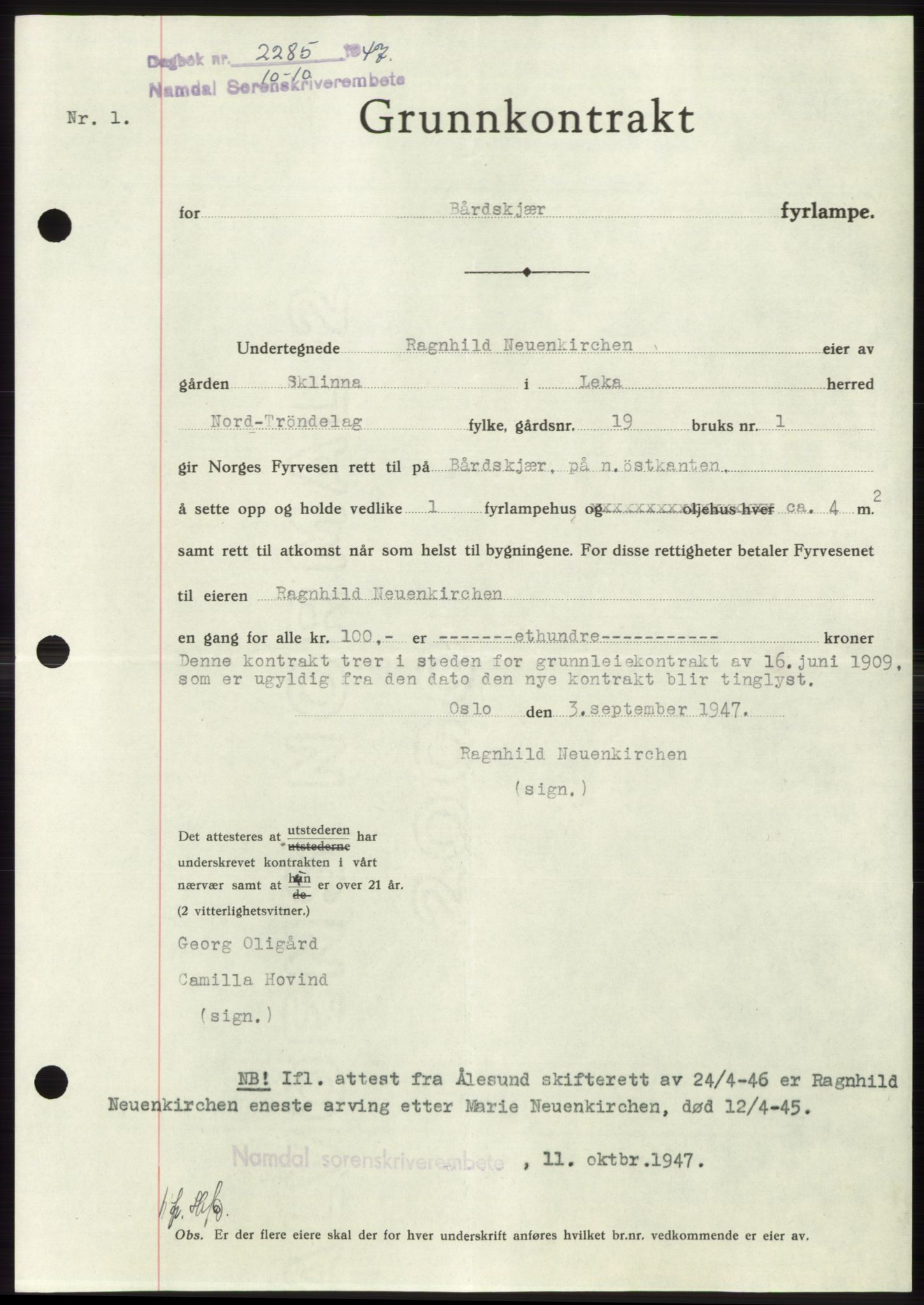 Namdal sorenskriveri, SAT/A-4133/1/2/2C: Pantebok nr. -, 1947-1947, Dagboknr: 2285/1947