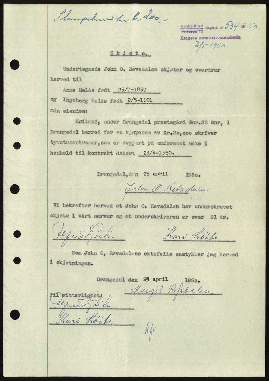 Kragerø sorenskriveri, SAKO/A-65/G/Ga/Gac/L0003: Pantebok nr. A-3, 1949-1950, Dagboknr: 534/1950