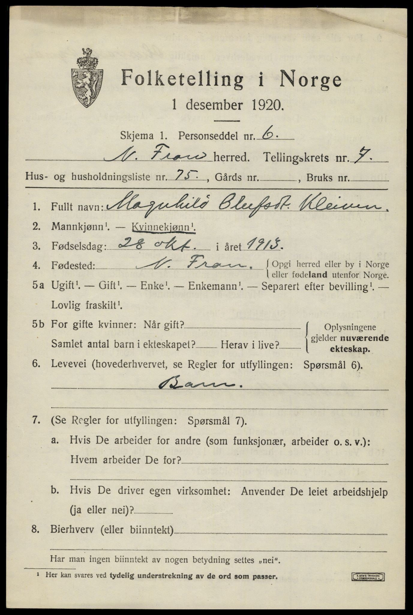 SAH, Folketelling 1920 for 0518 Nord-Fron herred, 1920, s. 6672