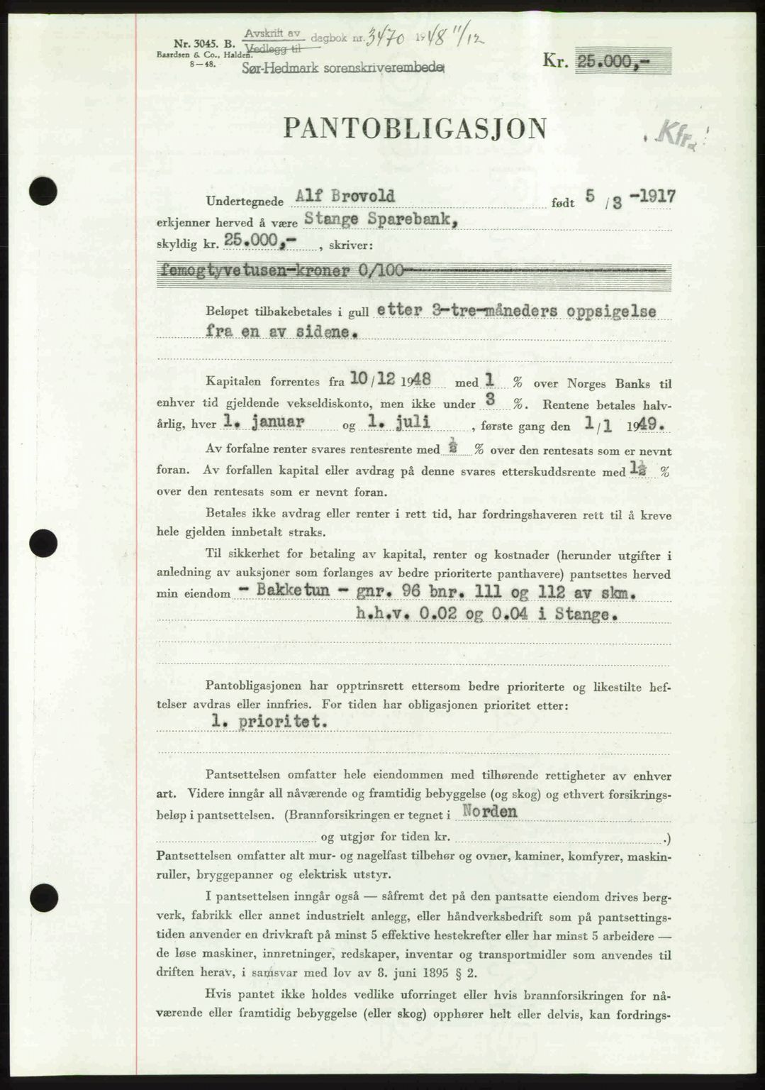 Sør-Hedmark sorenskriveri, SAH/TING-014/H/Hb/Hbd/L0018: Pantebok nr. 18, 1948-1949, Dagboknr: 3470/1948