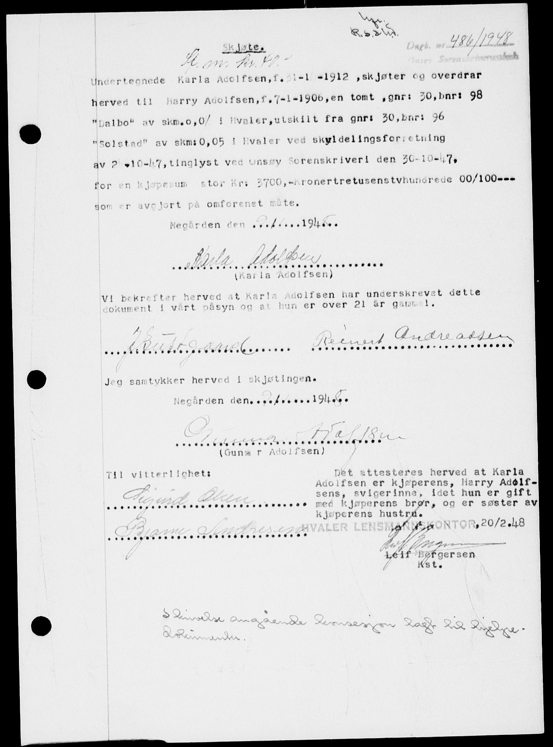 Onsøy sorenskriveri, SAO/A-10474/G/Ga/Gab/L0022: Pantebok nr. II A-22, 1947-1948, Dagboknr: 486/1948