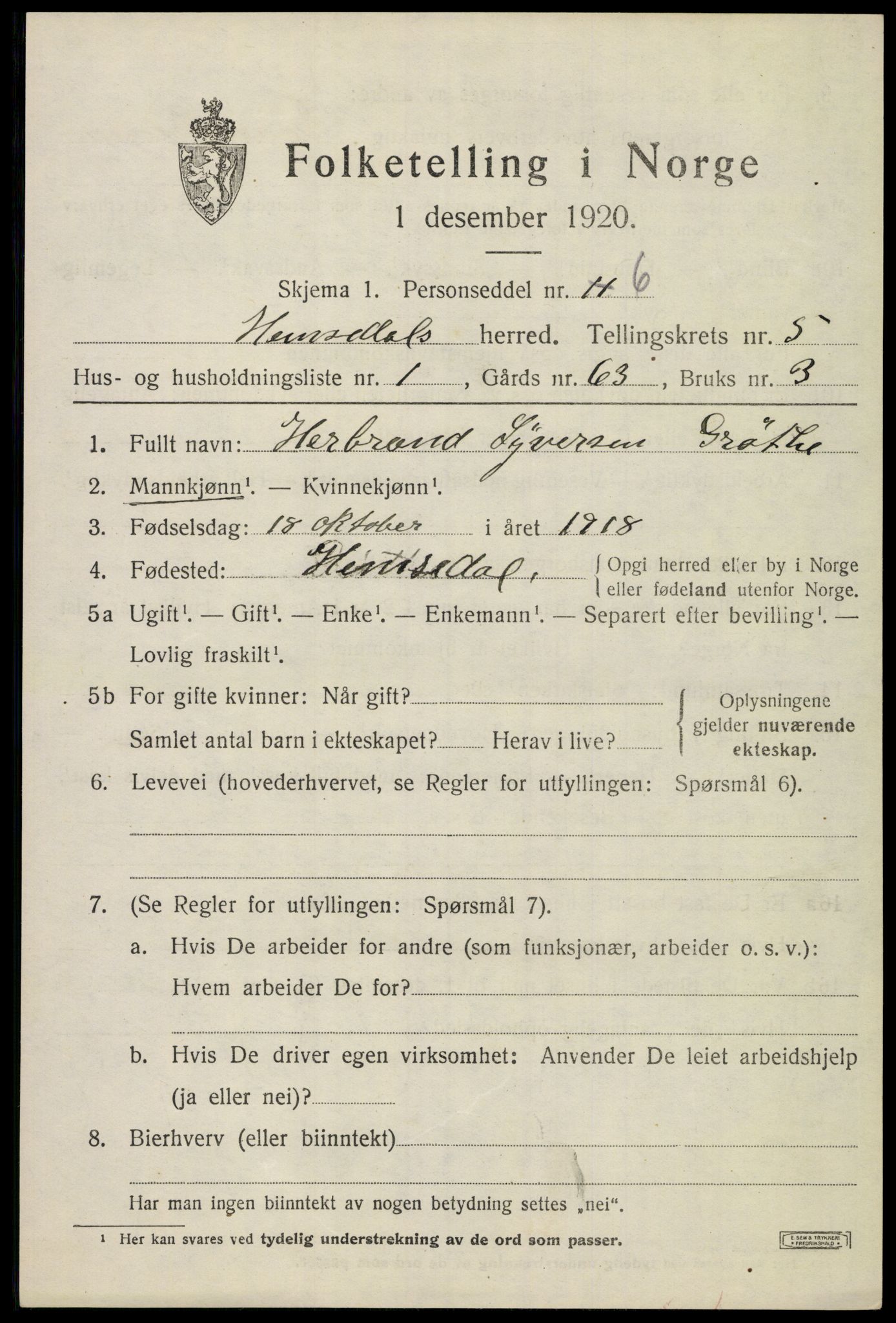 SAKO, Folketelling 1920 for 0618 Hemsedal herred, 1920, s. 1750