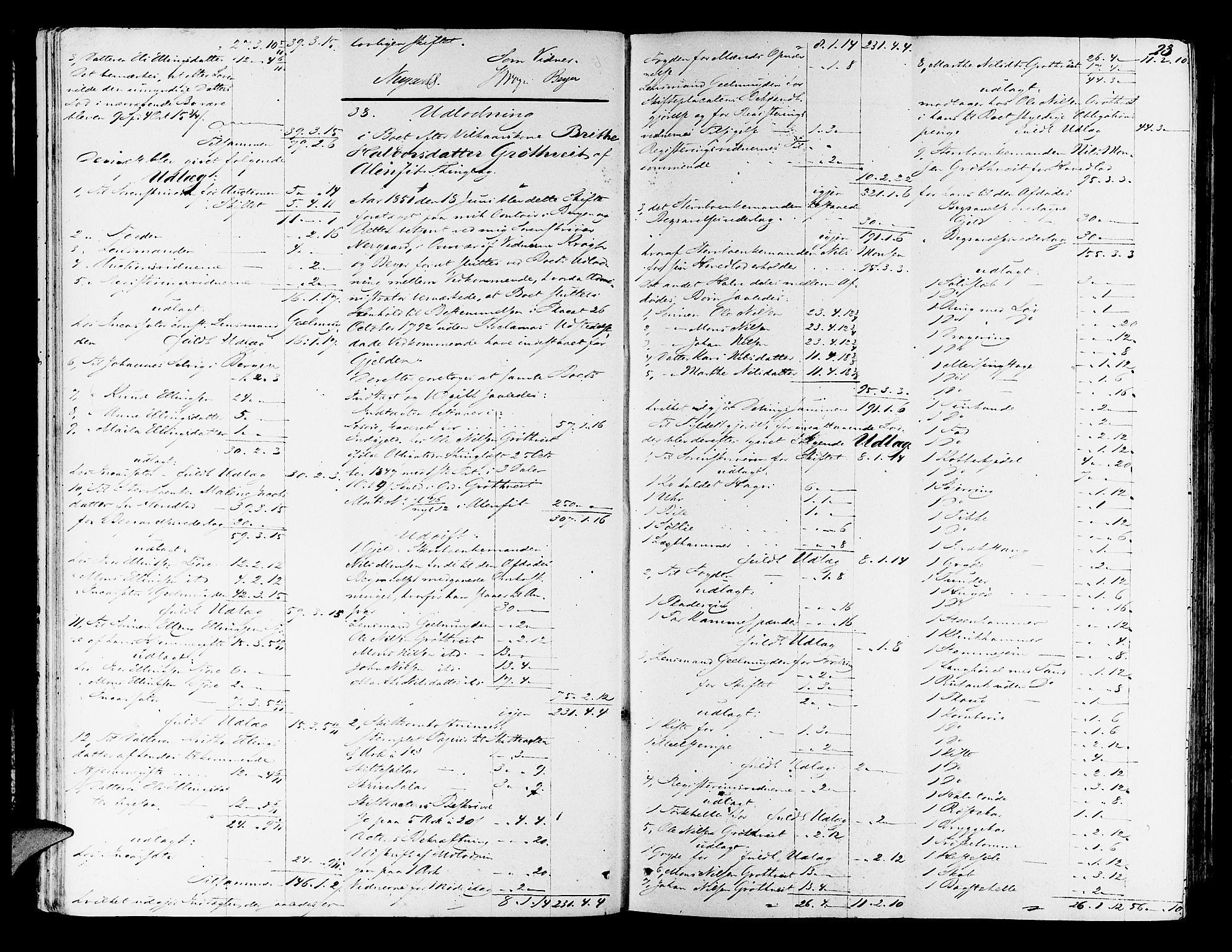 Nordhordland sorenskrivar, AV/SAB-A-2901/1/H/Hd/Hda/L0005: Skifteutlodningsprotokollar, 1851-1857, s. 22b-23a