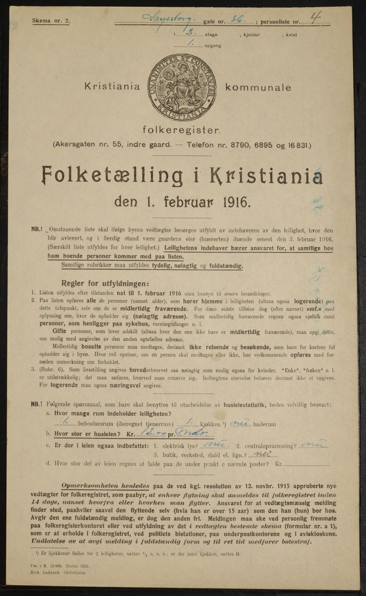 OBA, Kommunal folketelling 1.2.1916 for Kristiania, 1916, s. 91400