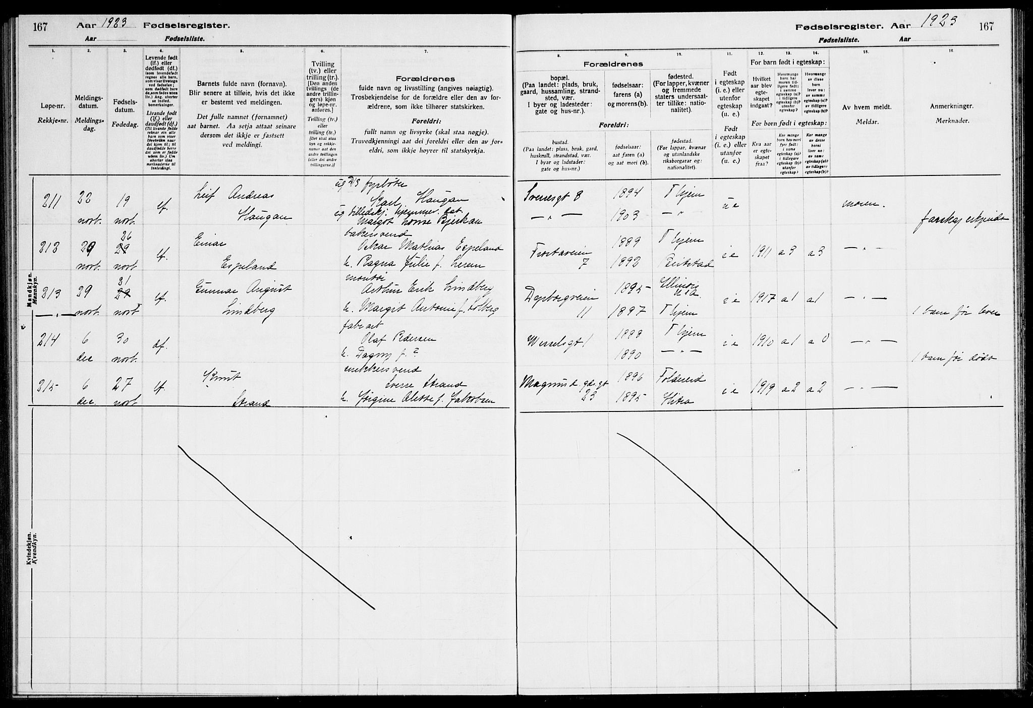 Ministerialprotokoller, klokkerbøker og fødselsregistre - Sør-Trøndelag, AV/SAT-A-1456/600/L0003: Fødselsregister nr. 600.II.4.2, 1920-1924, s. 167