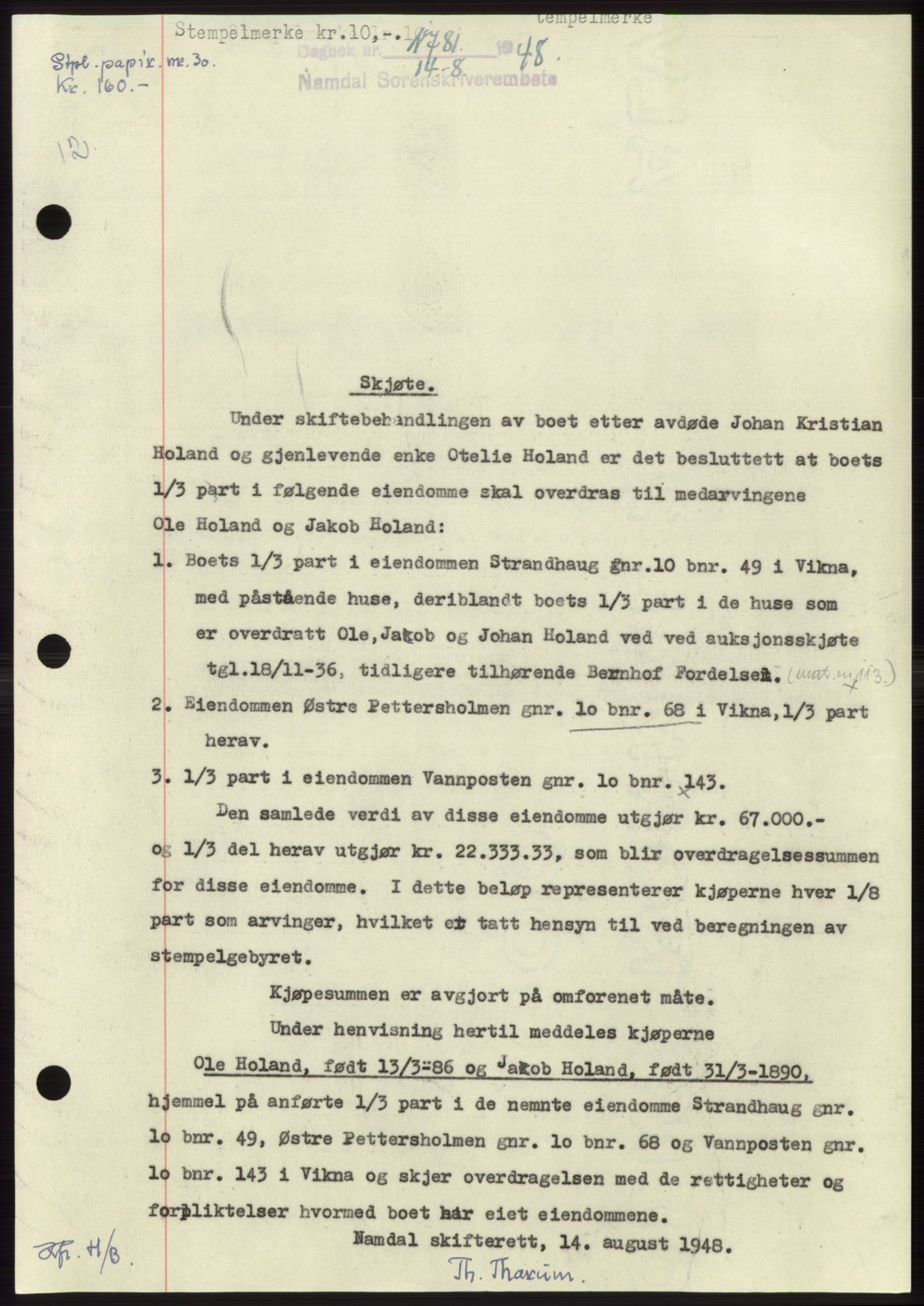 Namdal sorenskriveri, SAT/A-4133/1/2/2C: Pantebok nr. -, 1948-1948, Dagboknr: 1781/1948