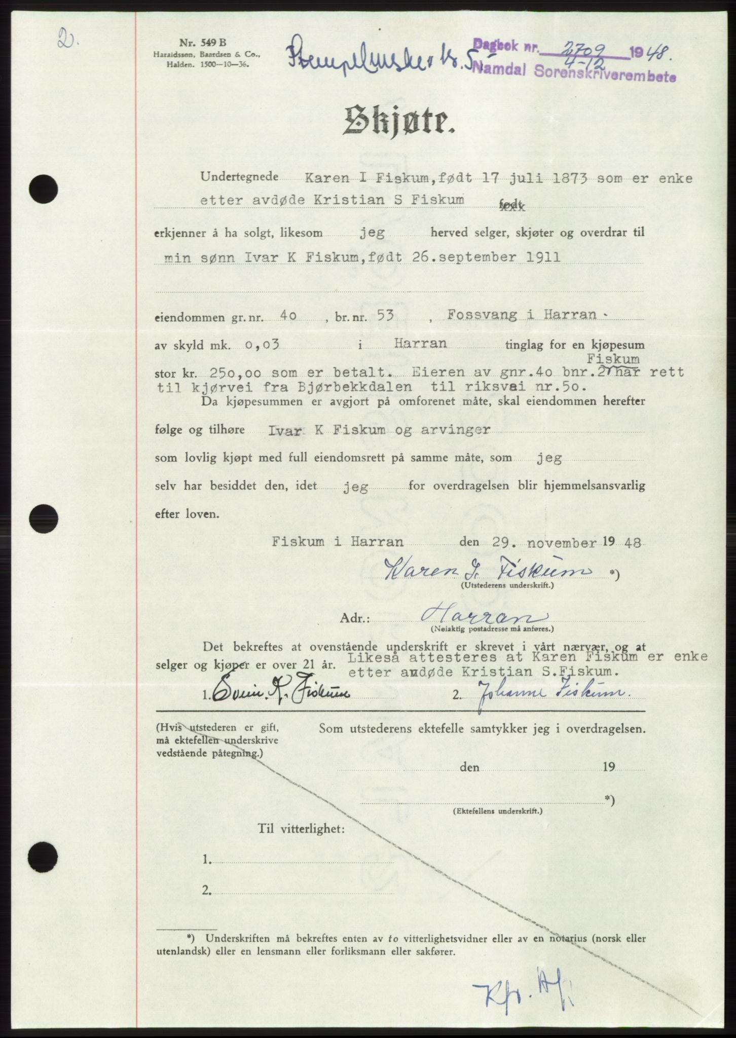 Namdal sorenskriveri, SAT/A-4133/1/2/2C: Pantebok nr. -, 1948-1948, Dagboknr: 2709/1948