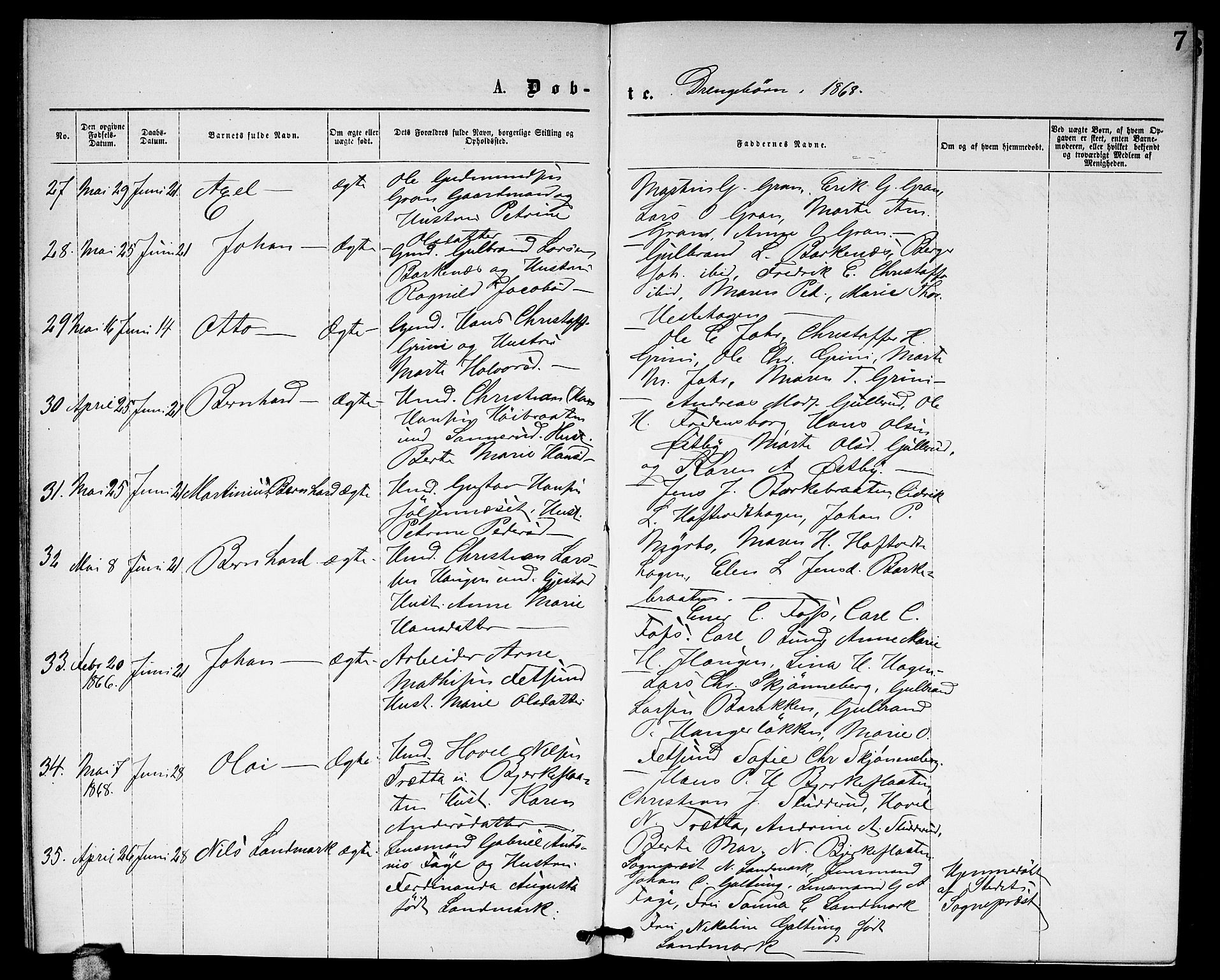 Fet prestekontor Kirkebøker, AV/SAO-A-10370a/G/Ga/L0004: Klokkerbok nr. I 4, 1868-1874, s. 7