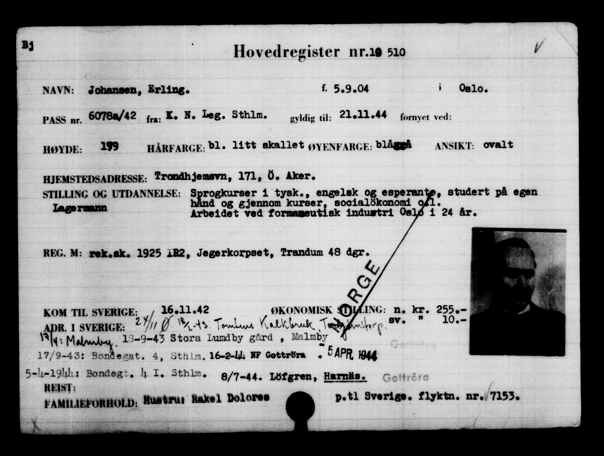 Utenriksstasjonene, Legasjonen i Stockholm, Flyktningkontoret, AV/RA-S-6753/V/Va/L0006: Kjesäterkartoteket, flyktninger med registreringsnr. 9400-12711, 1940-1945, s. 1280