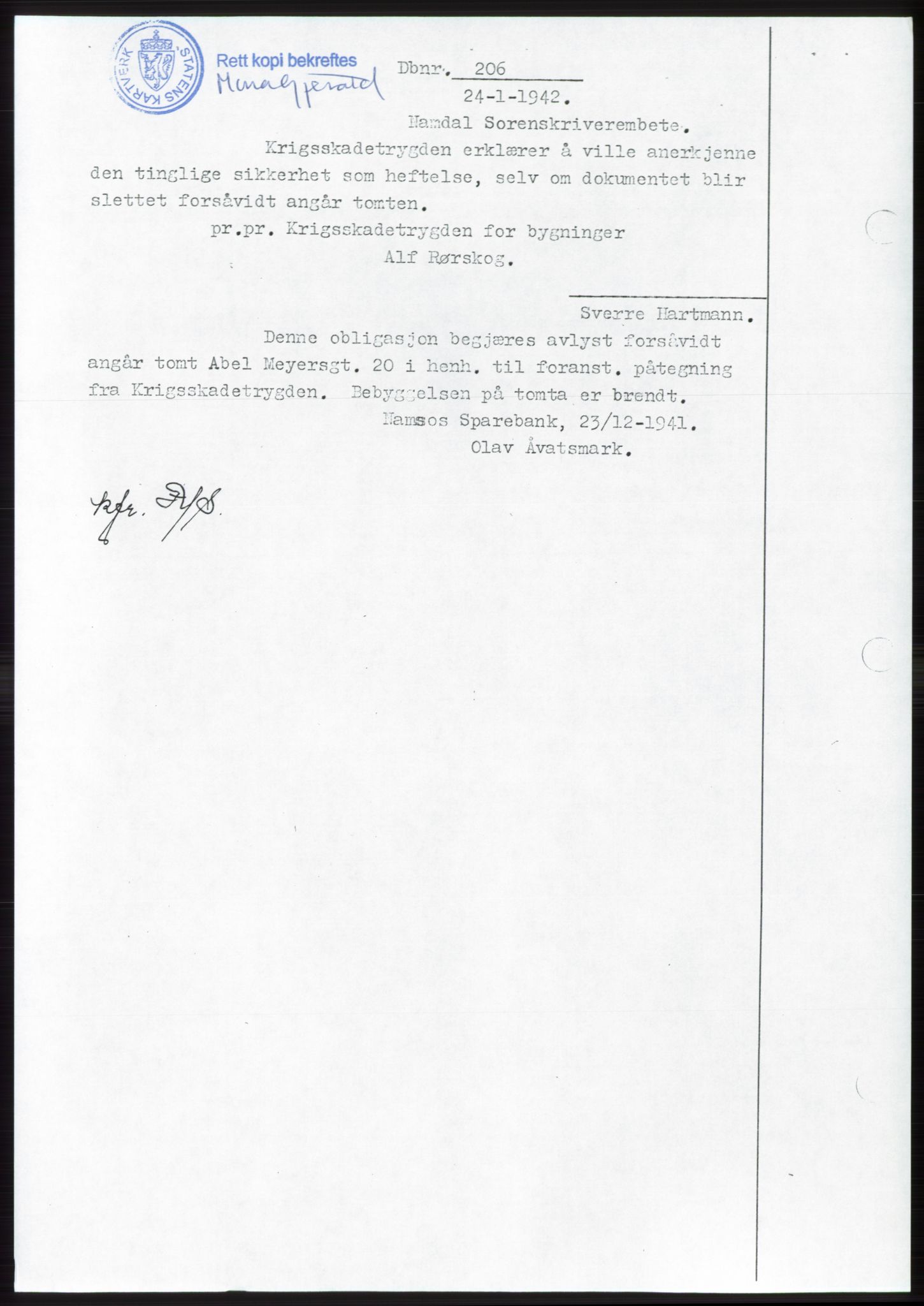 Namdal sorenskriveri, SAT/A-4133/1/2/2C: Pantebok nr. -, 1941-1942, Dagboknr: 206/1942
