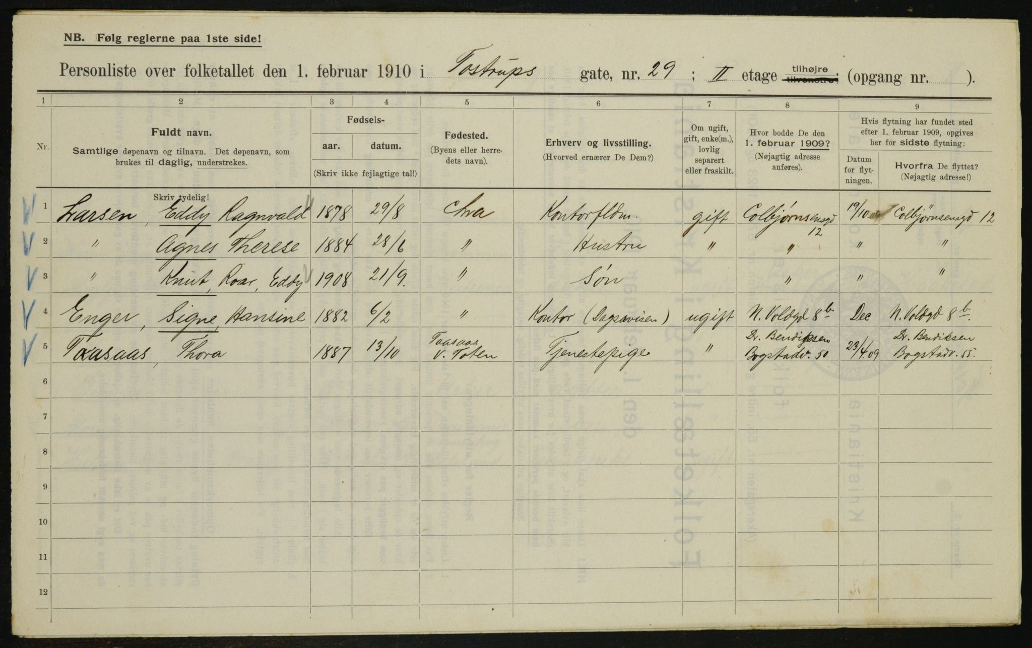 OBA, Kommunal folketelling 1.2.1910 for Kristiania, 1910, s. 109507