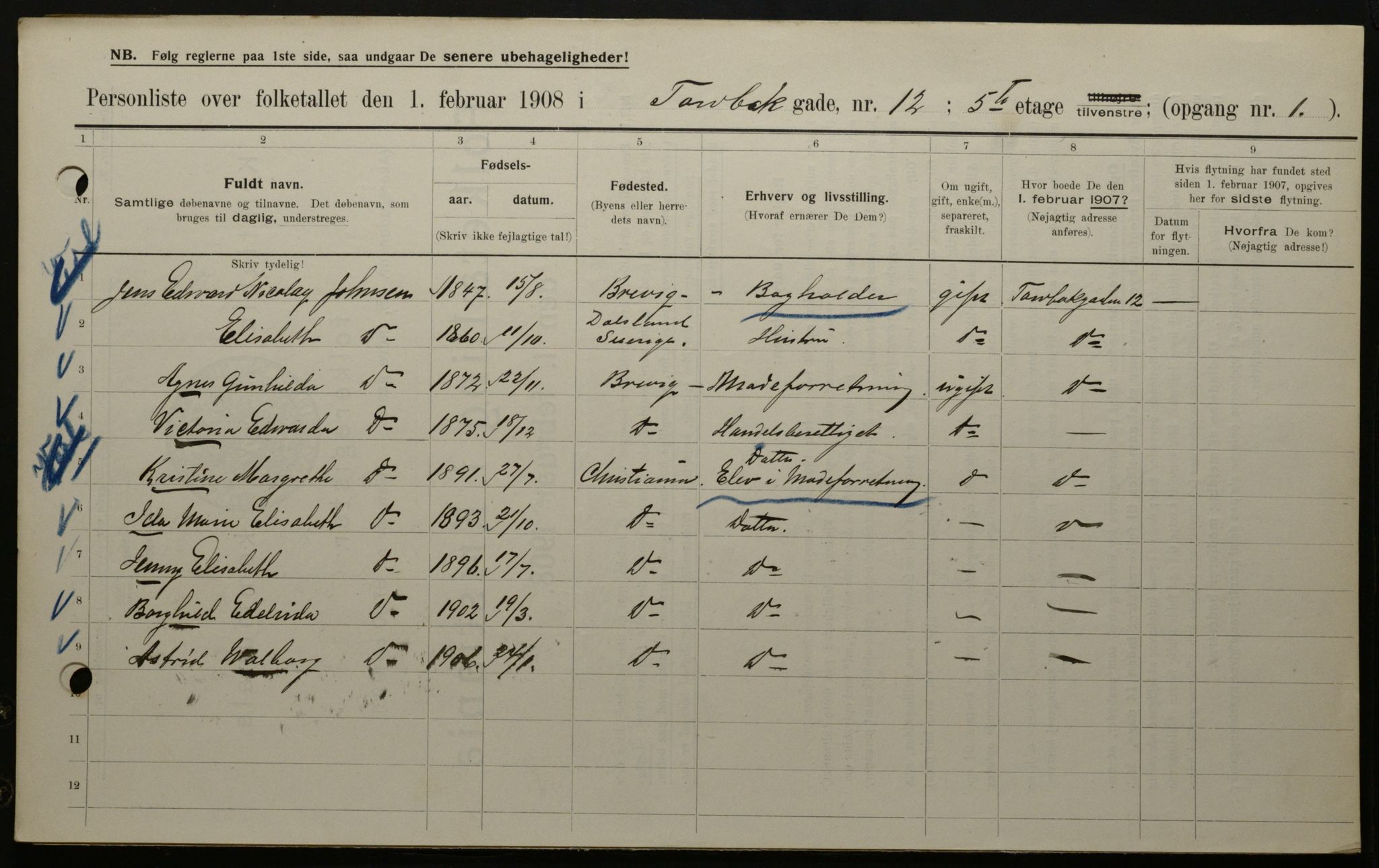 OBA, Kommunal folketelling 1.2.1908 for Kristiania kjøpstad, 1908, s. 103629