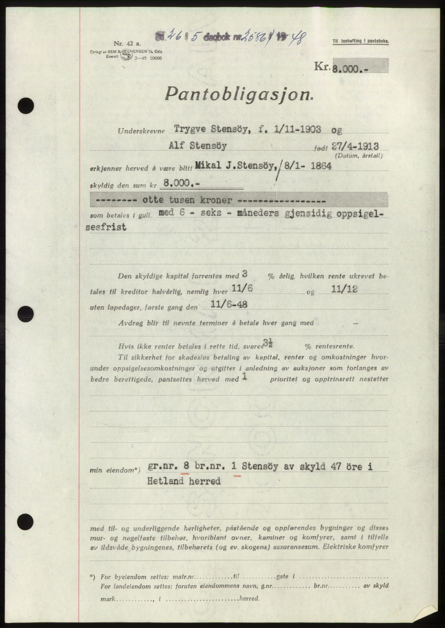 Jæren sorenskriveri, SAST/A-100310/03/G/Gba/L0099: Pantebok, 1948-1948, Dagboknr: 2586/1948