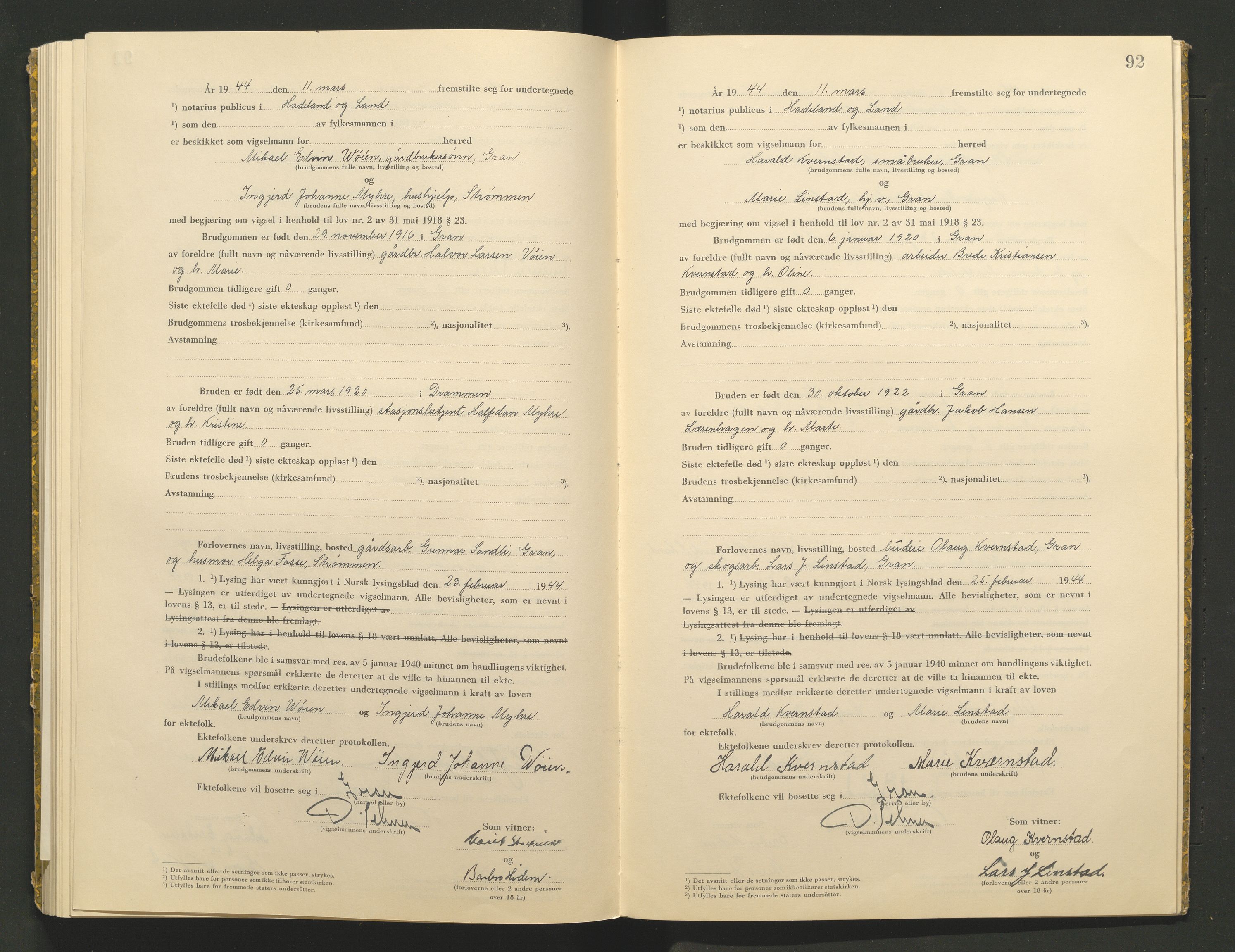 Hadeland og Land tingrett, AV/SAH-TING-010/L/Lb/L0002: Vigselbok, 1943-1944, s. 92