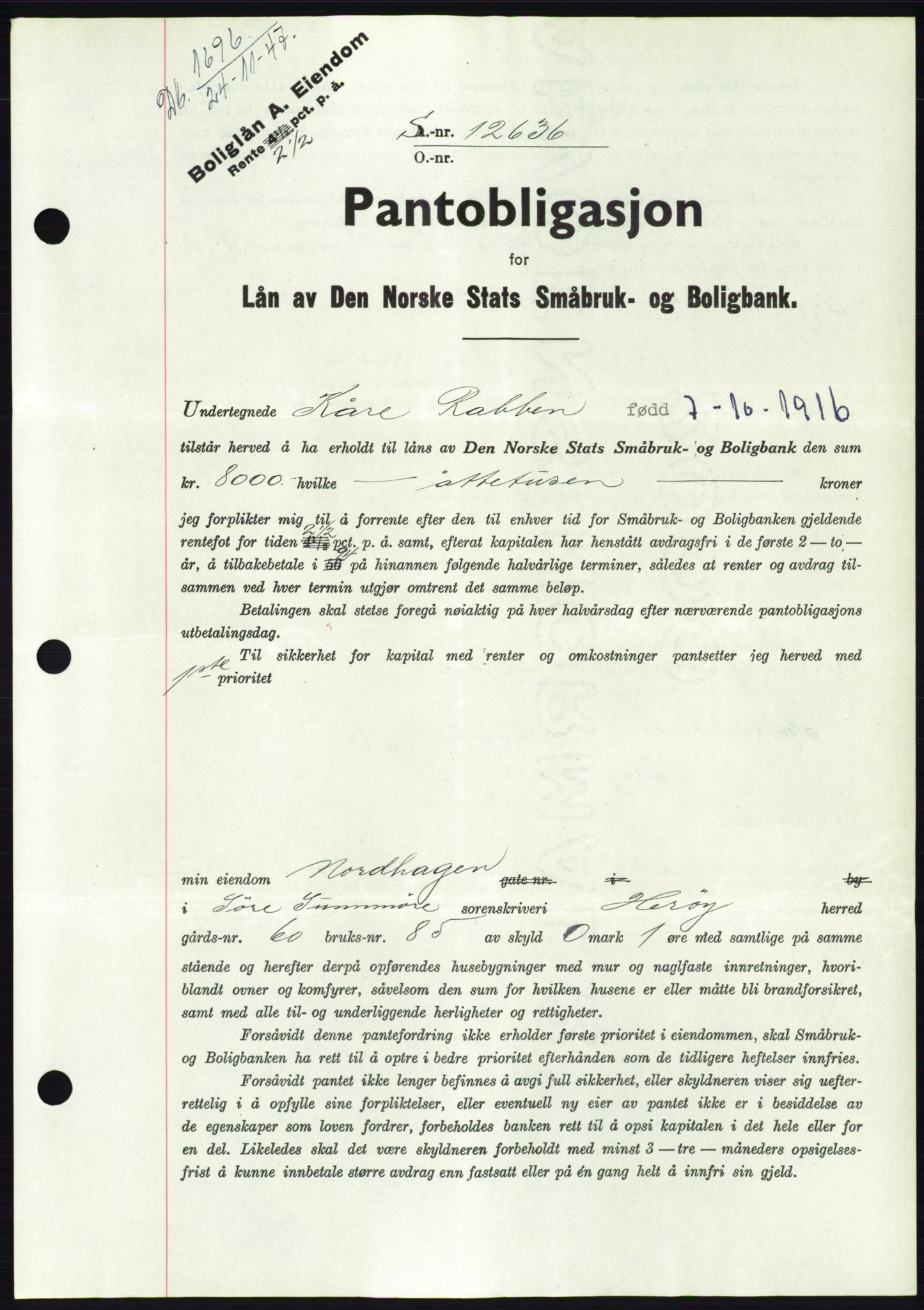 Søre Sunnmøre sorenskriveri, AV/SAT-A-4122/1/2/2C/L0115: Pantebok nr. 3B, 1947-1948, Dagboknr: 1696/1947