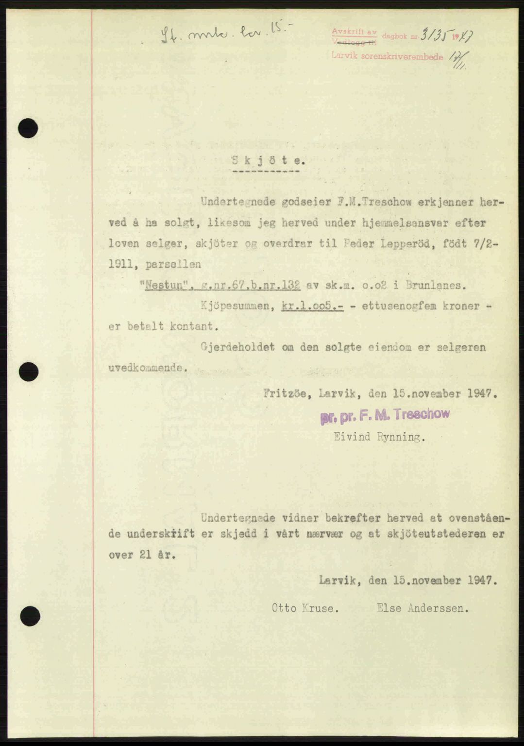 Larvik sorenskriveri, SAKO/A-83/G/Ga/Gab/L0085: Pantebok nr. A-19, 1947-1948, Dagboknr: 3135/1947