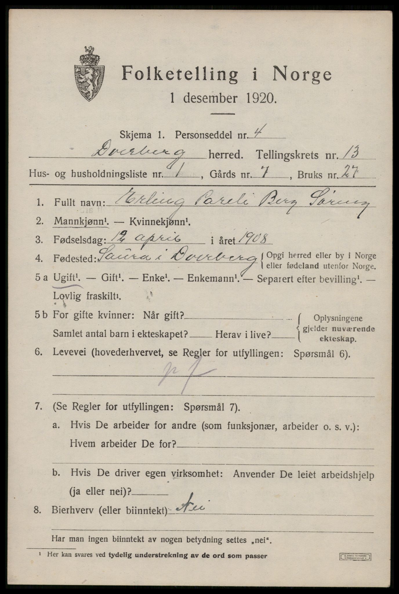 SAT, Folketelling 1920 for 1872 Dverberg herred, 1920, s. 9898