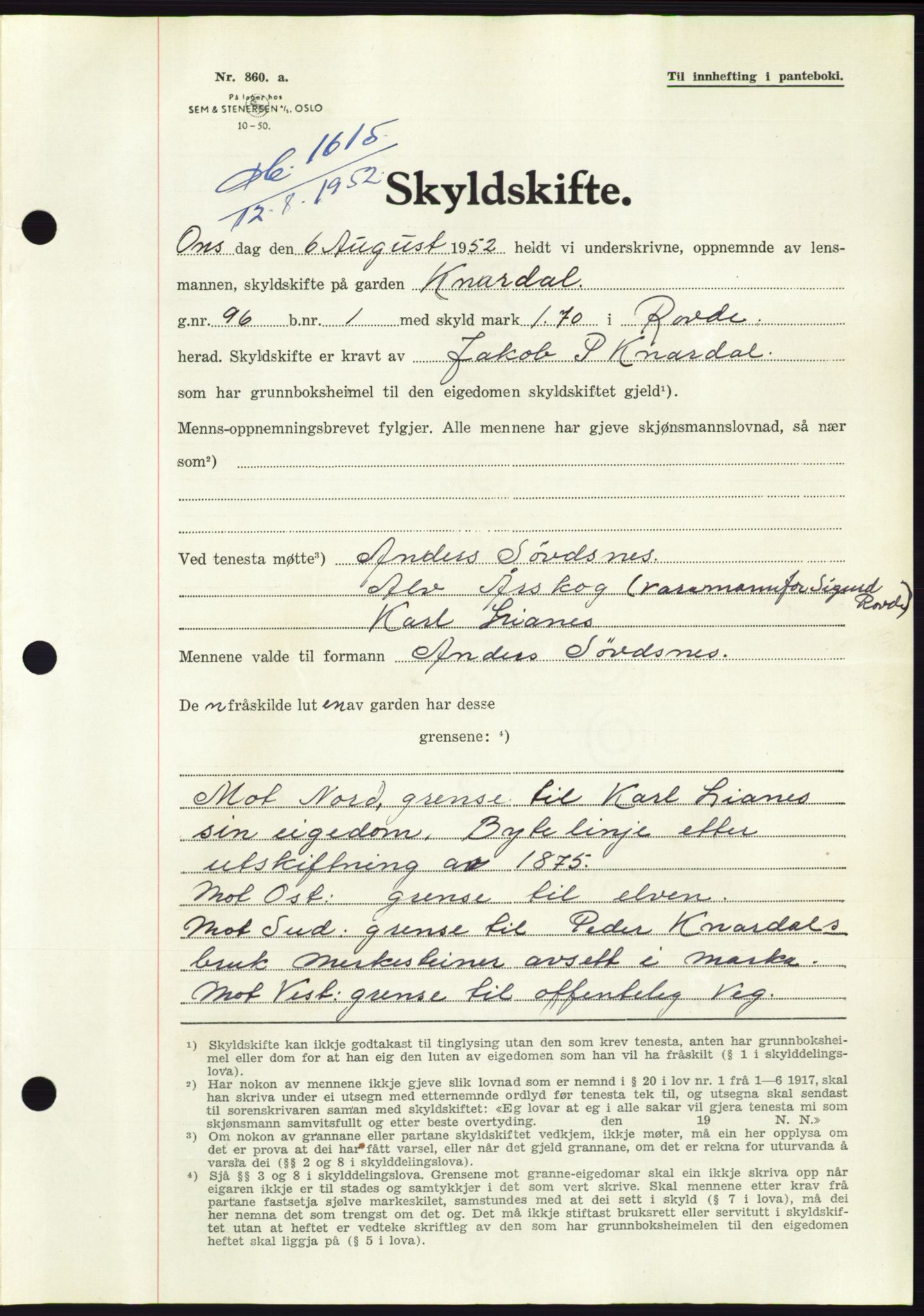 Søre Sunnmøre sorenskriveri, AV/SAT-A-4122/1/2/2C/L0092: Pantebok nr. 18A, 1952-1952, Dagboknr: 1615/1952