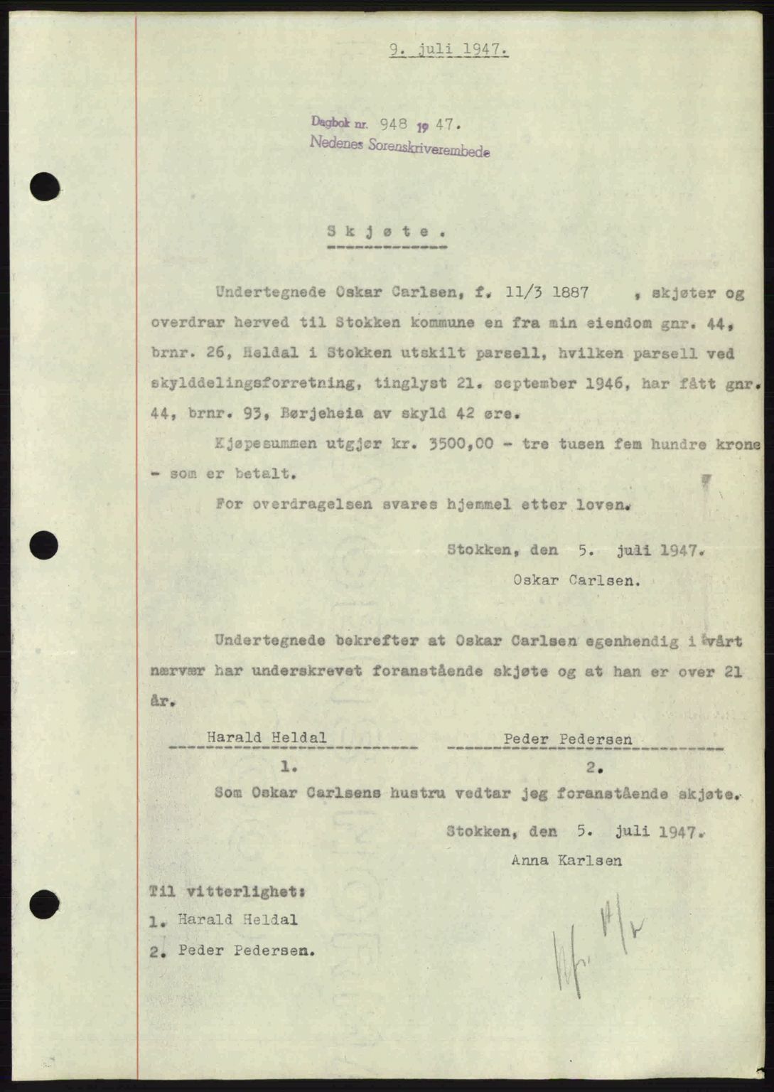 Nedenes sorenskriveri, SAK/1221-0006/G/Gb/Gba/L0057: Pantebok nr. A9, 1947-1947, Dagboknr: 948/1947