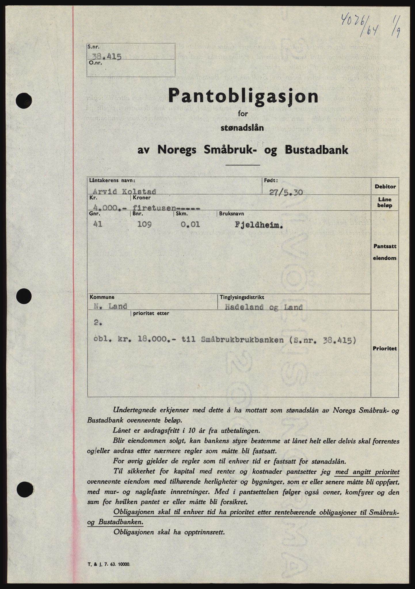Hadeland og Land tingrett, SAH/TING-010/H/Hb/Hbc/L0056: Pantebok nr. B56, 1964-1964, Dagboknr: 4076/1964