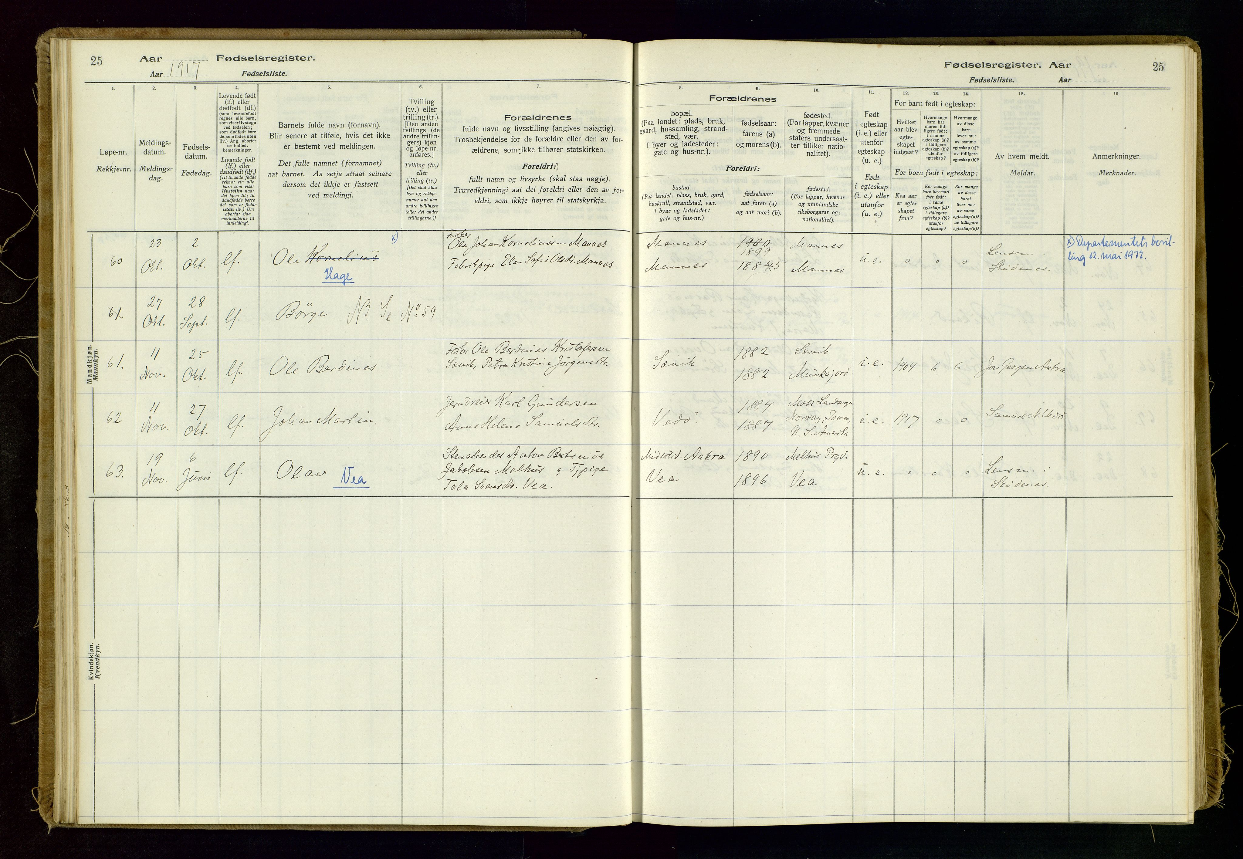 Kopervik sokneprestkontor, AV/SAST-A-101850/I/Id/L0006: Fødselsregister nr. 6, 1916-1934, s. 25