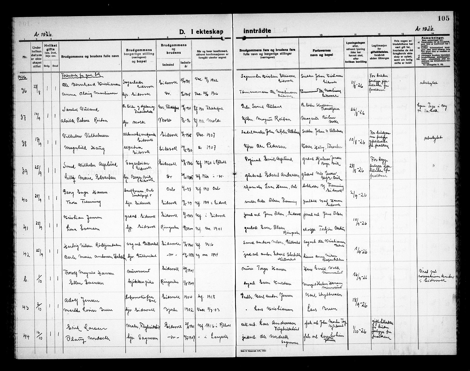 Eidsvoll prestekontor Kirkebøker, AV/SAO-A-10888/G/Ga/L0011: Klokkerbok nr. I 11, 1926-1936, s. 105